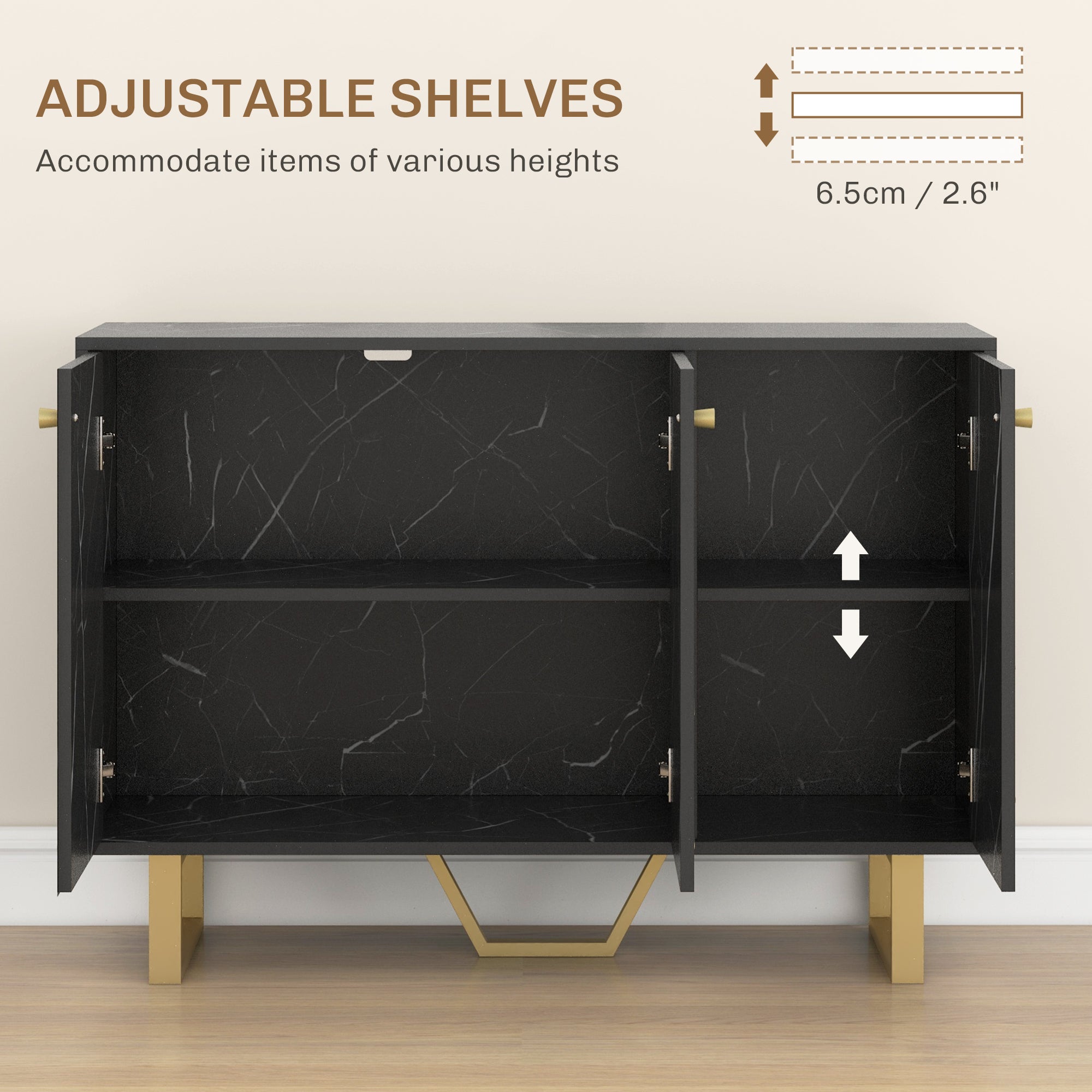 Sideboard Storage Cabinet, Modern Storage Cupboard with Adjustable Shelves and Metal Legs for Living Room, Kitchen, Dining Room, Entryway, Black Marble Tone