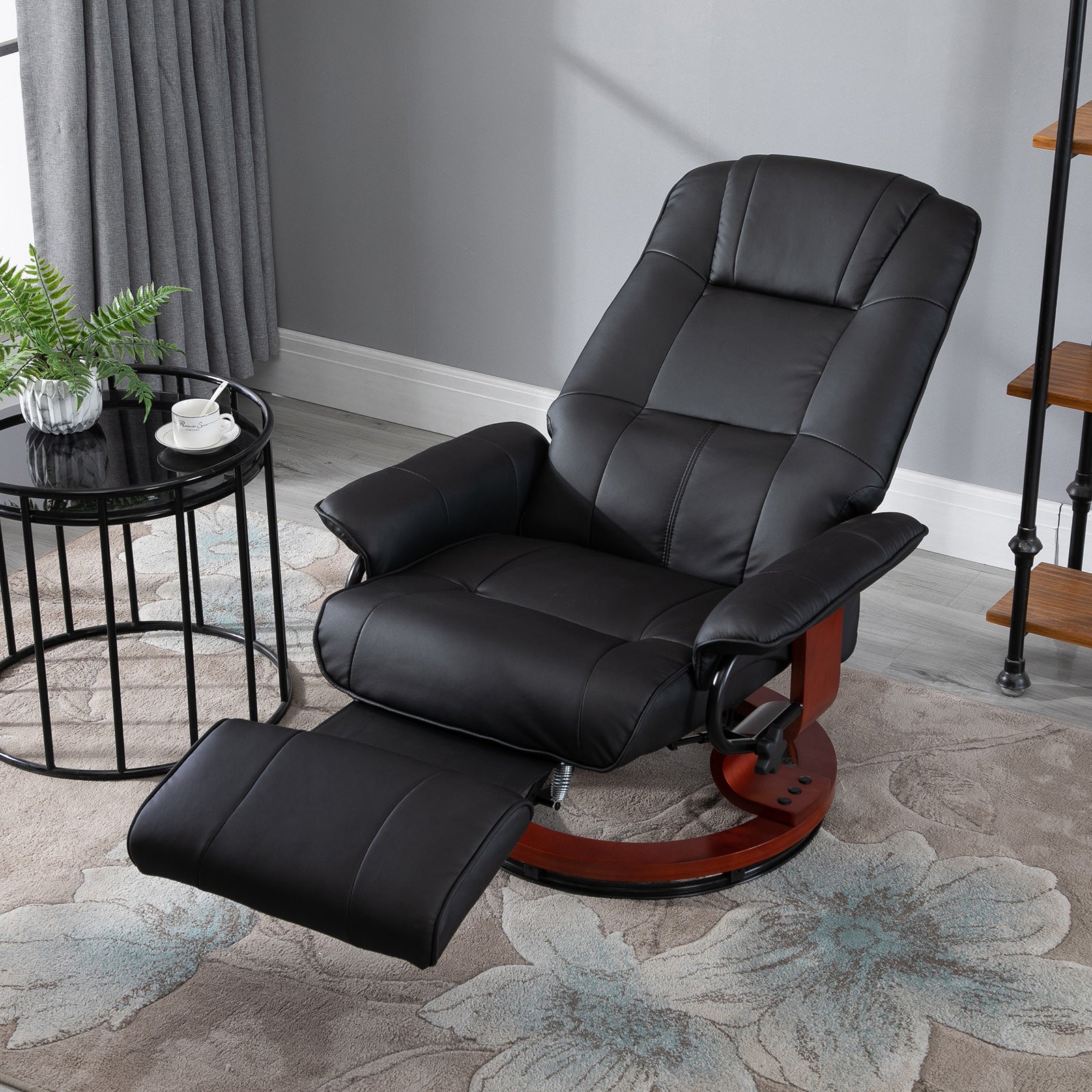 Faux  Leather lounge chair with footrest and armrest, Manual Swivel Recliner for living room, Black