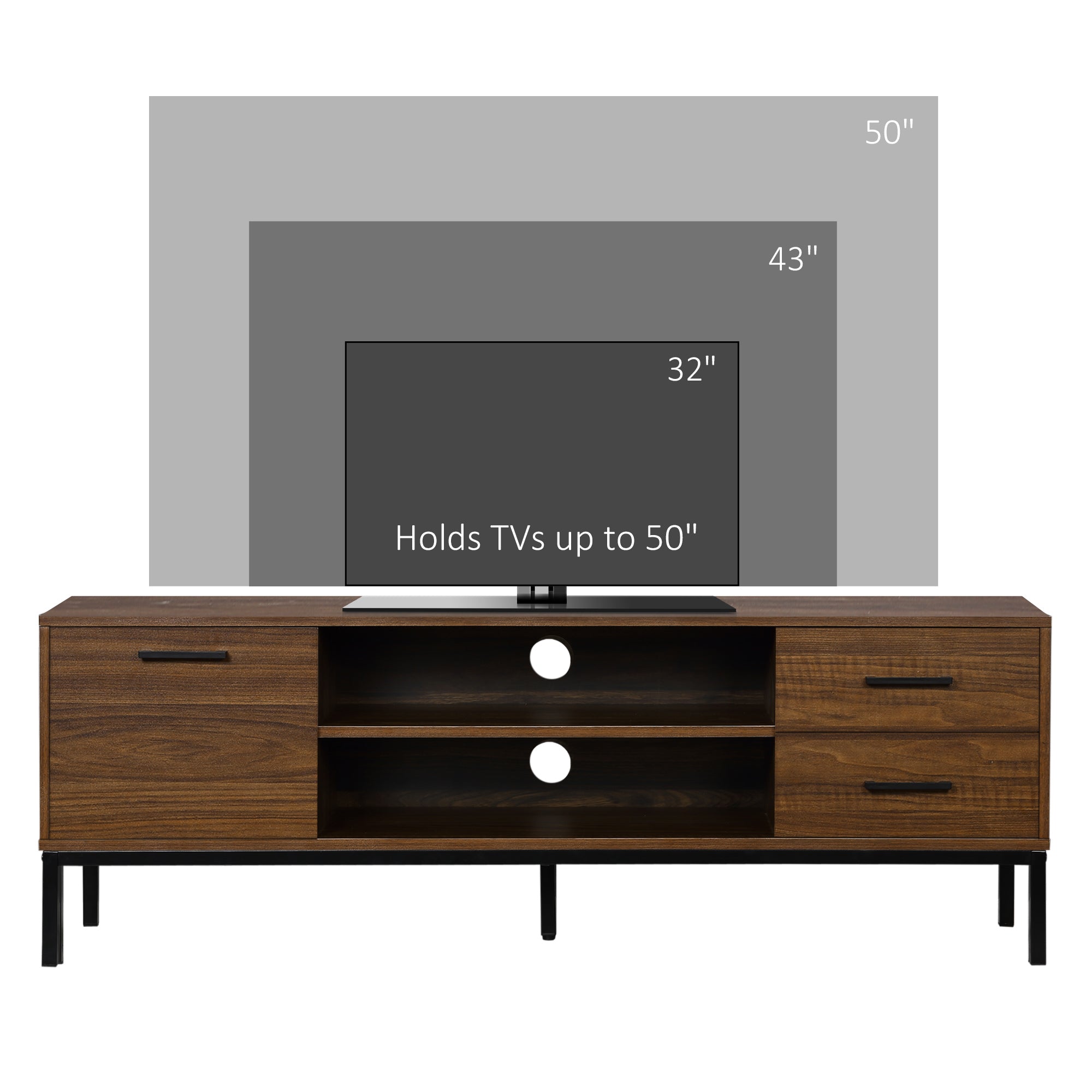 HOMCOM TV Stand for TV up to 50 Inches, TV Cabinet with Door, Open Storage and Drawers, TV Table with Steel Legs, Dark Walunt