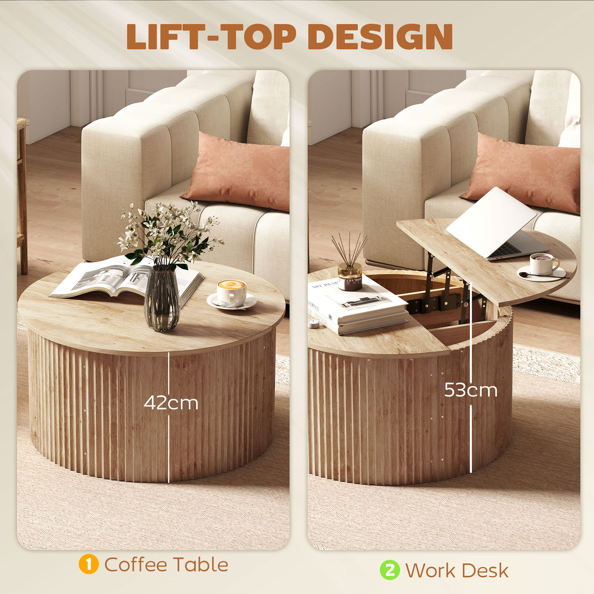 Lift Top Coffee Table, 32" Modern Fluted Round Coffee Table with Hidden Compartments and Soft-Close Hinged Top for Living Room, Natural Wood