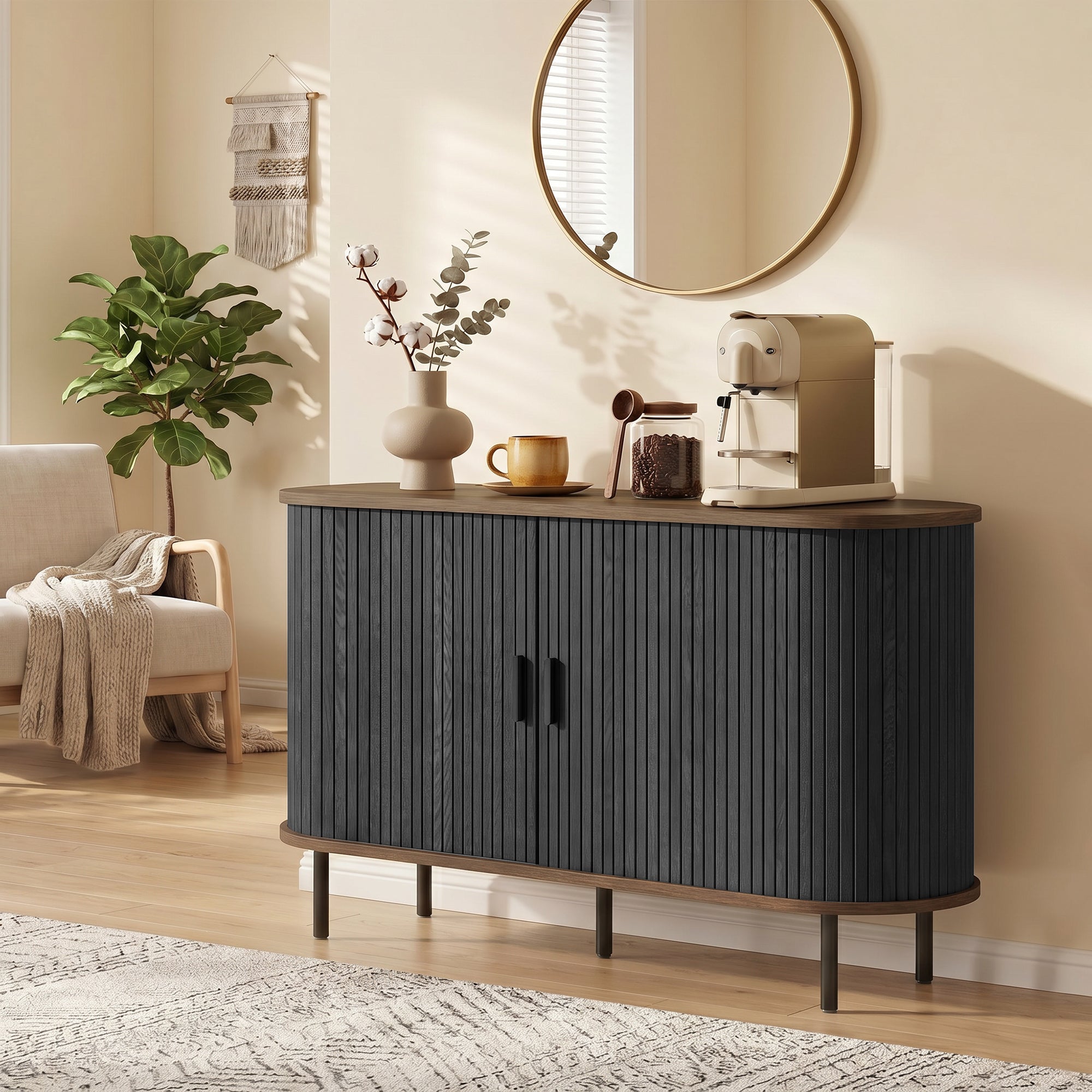 Fluted Sideboard Buffet Cabinet, 55" Mid Century Coffee Bar Cabinet with Sliding Doors, Kitchen Credenza with Adjustable Shelves, Black Wood Grain