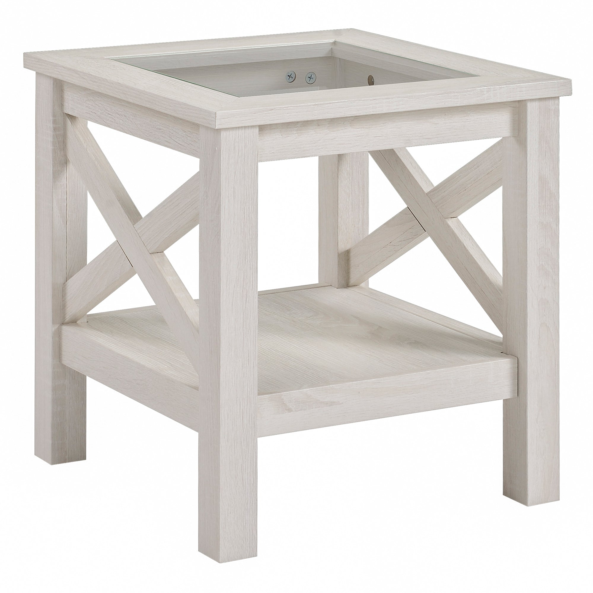 17.75'' Square End Table with Tempered Glass Tabletop & Underneath Storage Shelf, White Oak