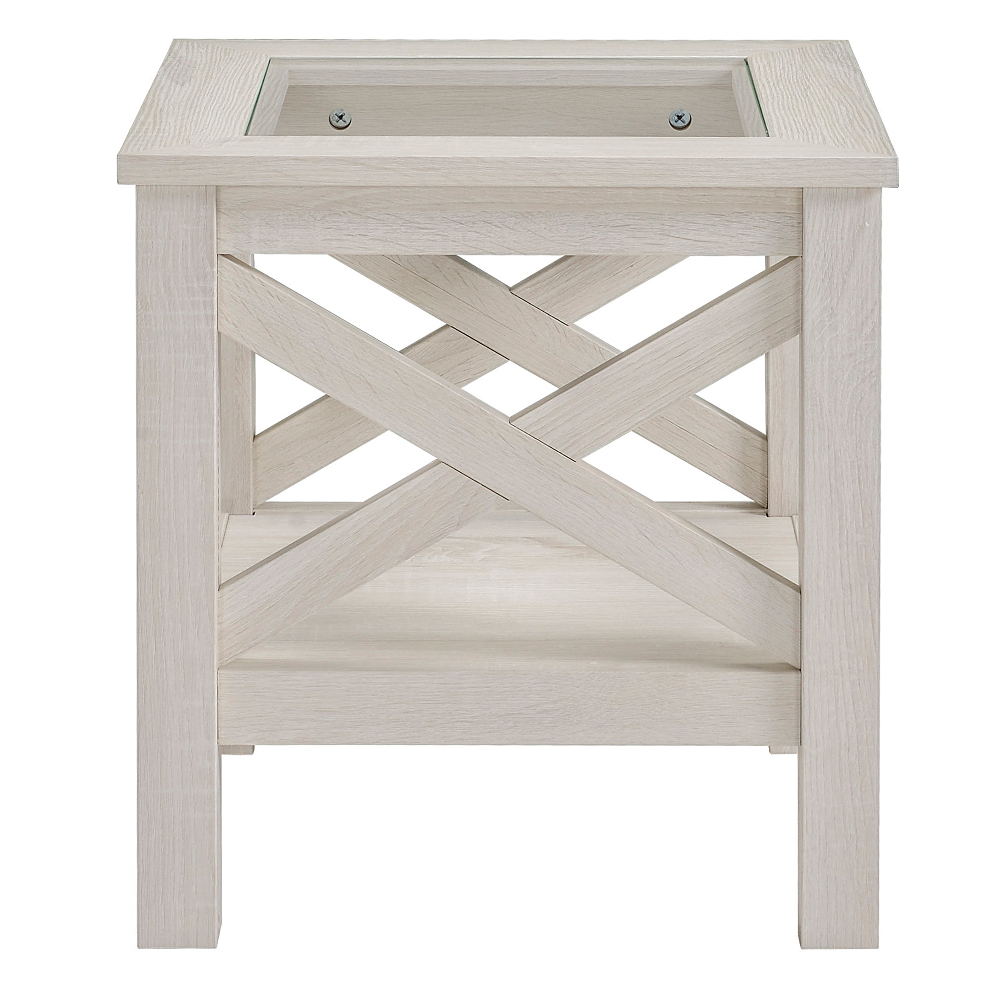 Coffee Table with Tempered Glass Tabletop, Living Room Table with Wood Frame and Underneath Storage Shelf, White Oak