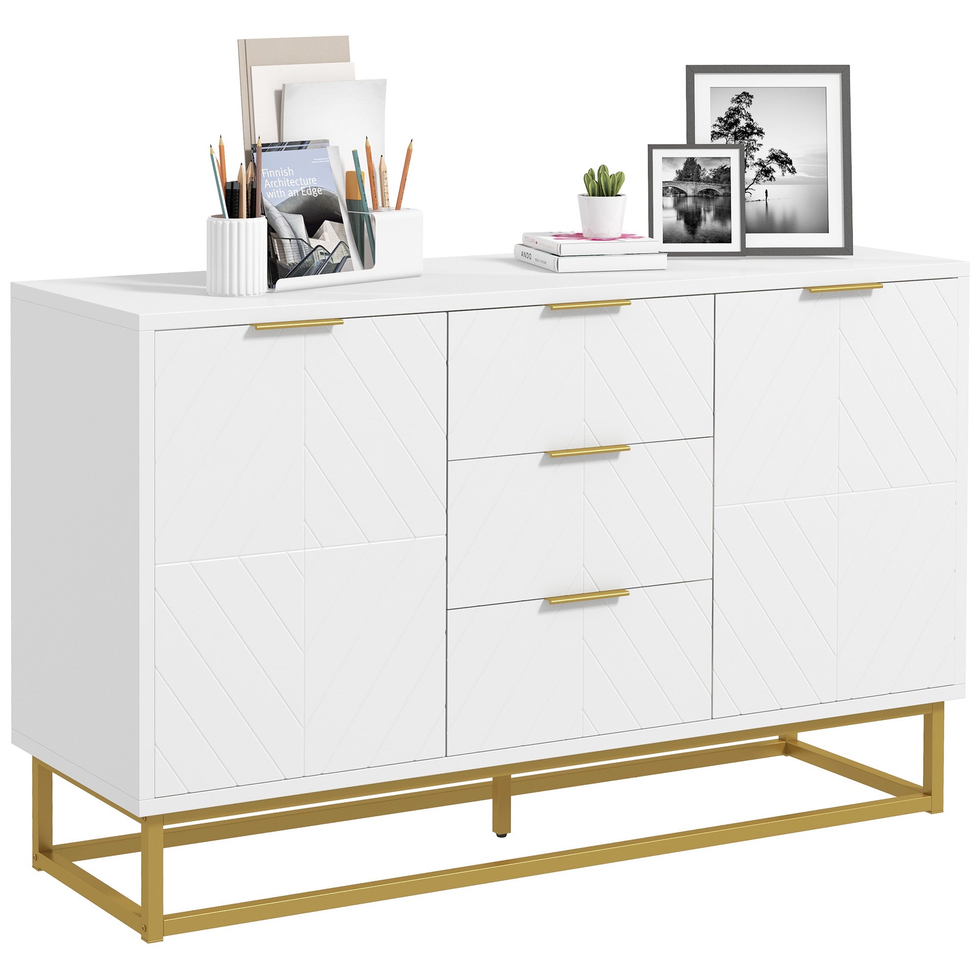 HOMCOM 3-Drawer Sideboard, Contemporary Buffet Cabinet with 2 Door Cabinet and Adjustable Shelves, Kitchen Storage Cabinet, Steel Elevated Base Credenza, White