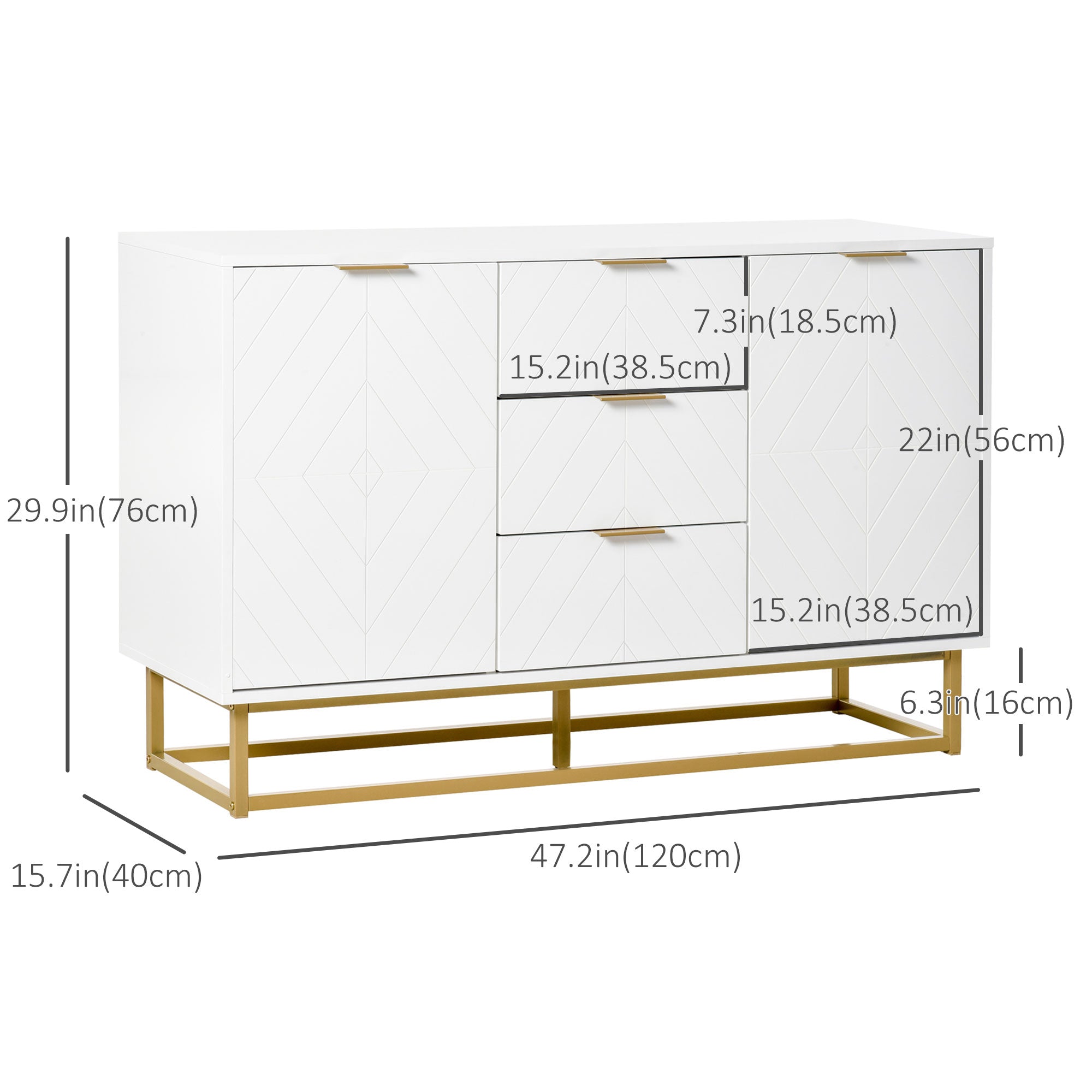 HOMCOM 3-Drawer Sideboard, Contemporary Buffet Cabinet with 2 Door Cabinet and Adjustable Shelves, Kitchen Storage Cabinet, Steel Elevated Base Credenza, White