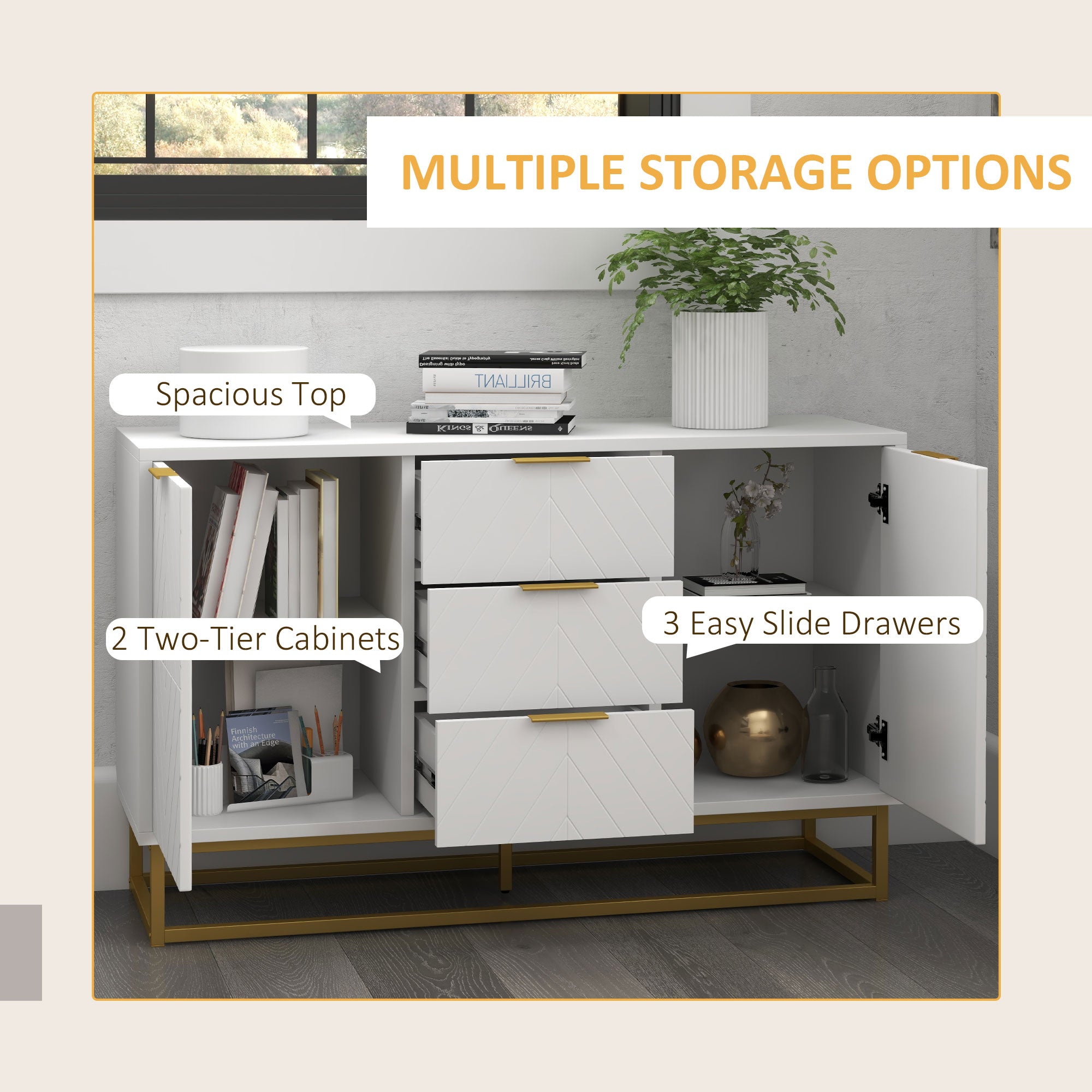 HOMCOM 3-Drawer Sideboard, Contemporary Buffet Cabinet with 2 Door Cabinet and Adjustable Shelves, Kitchen Storage Cabinet, Steel Elevated Base Credenza, White