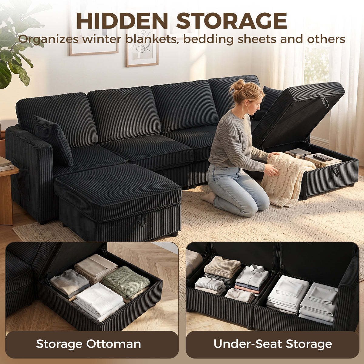 Modular Sectional Sofa with Dual Storage Ottoman, 306 cm 4 Seater U-Shaped Couch, Corduroy Sofa Bed with Under-Seat Storage, 4 Pillows, Pocket Springs, Pockets, Dark Grey