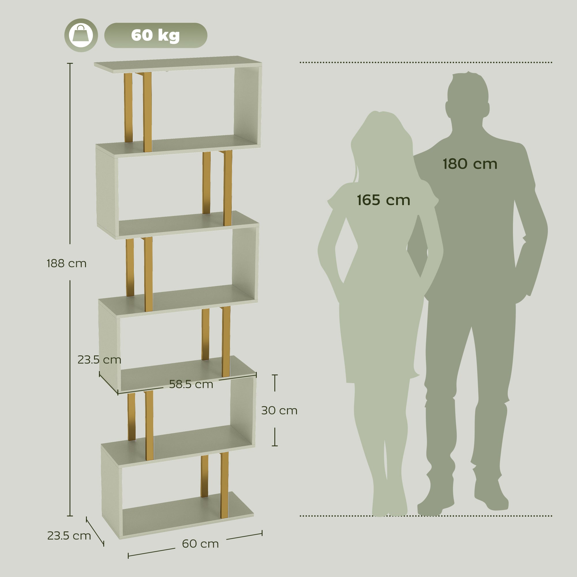 S-Shaped Bookshelf, 5-Tier Bookcase, Freestanding Storage Shelves with Anti-Tip Strap for Study, Living Room, Light Green