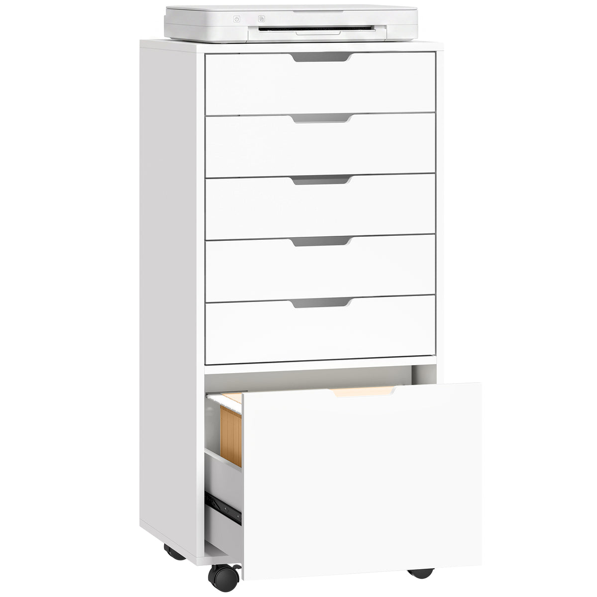 5 Drawer Vertical File Cabinet with Lockable Wheels, Filing Cabinet for Home Office, Printer Stand with Adjustable Hanging Bars For A4, Letter, legal File Folders, White