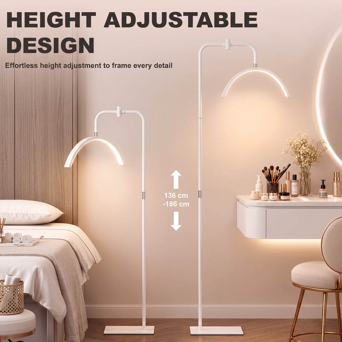 Half Moon Lash Light, Beauty Floor Lamp with 350° Rotatable Head, 7 Colour Temperature and Phone Holder, Dimmable Standing Lamp for Eyelash Extension, Tattoo, Nails, Skincare, White
