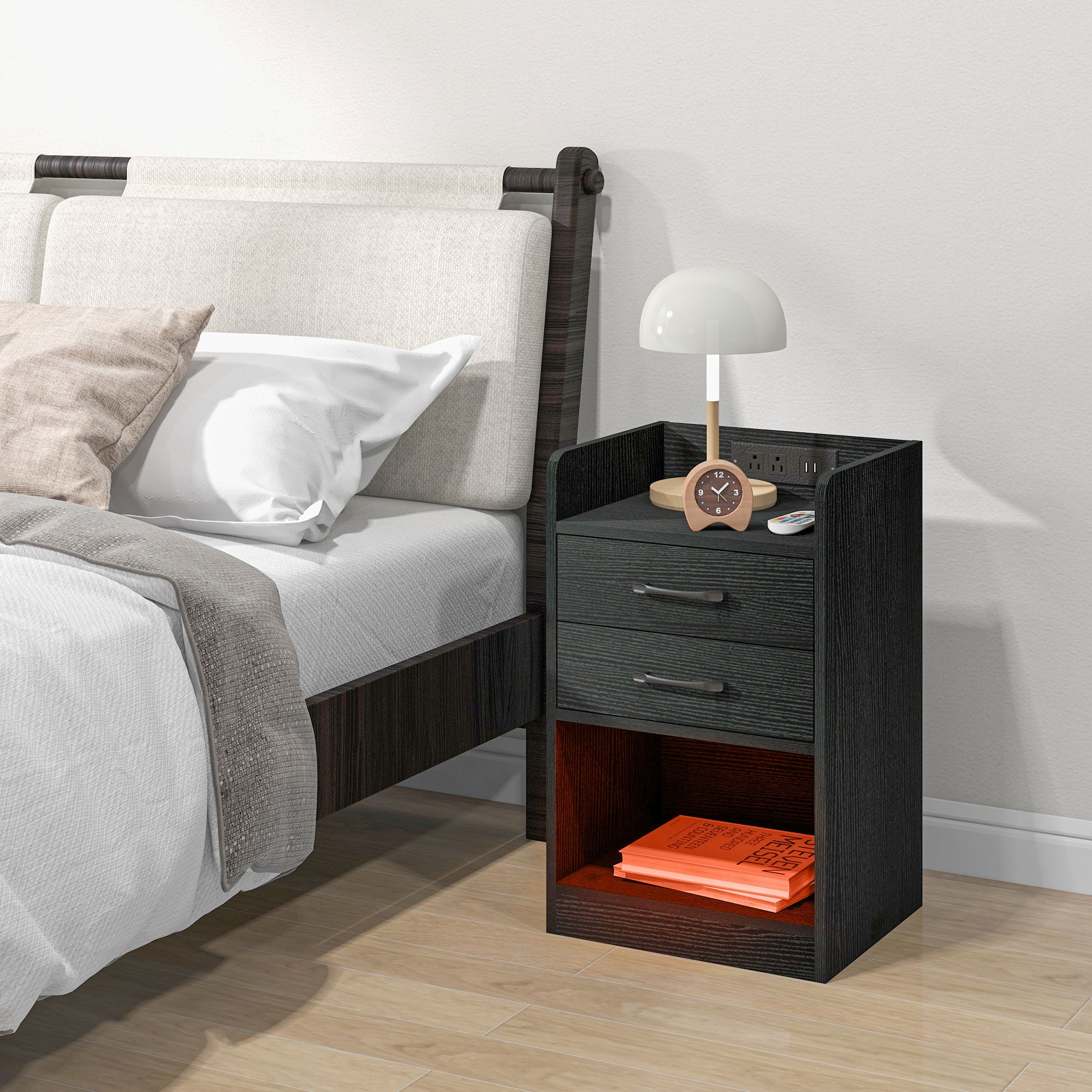 HOMCOM Bedside Table with LED Lights and Charging Station, Nightstand with AC and USB Power Outlets, End Table with Storage Shelf, 2 Drawers and Remote for Bedroom, Black