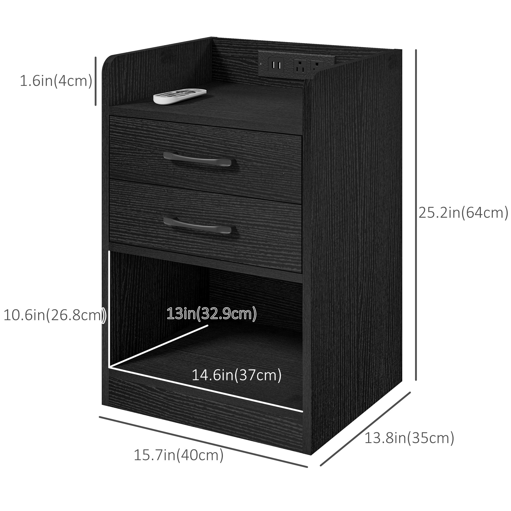 HOMCOM Bedside Table with LED Lights and Charging Station, Nightstand with AC and USB Power Outlets, End Table with Storage Shelf, 2 Drawers and Remote for Bedroom, Black