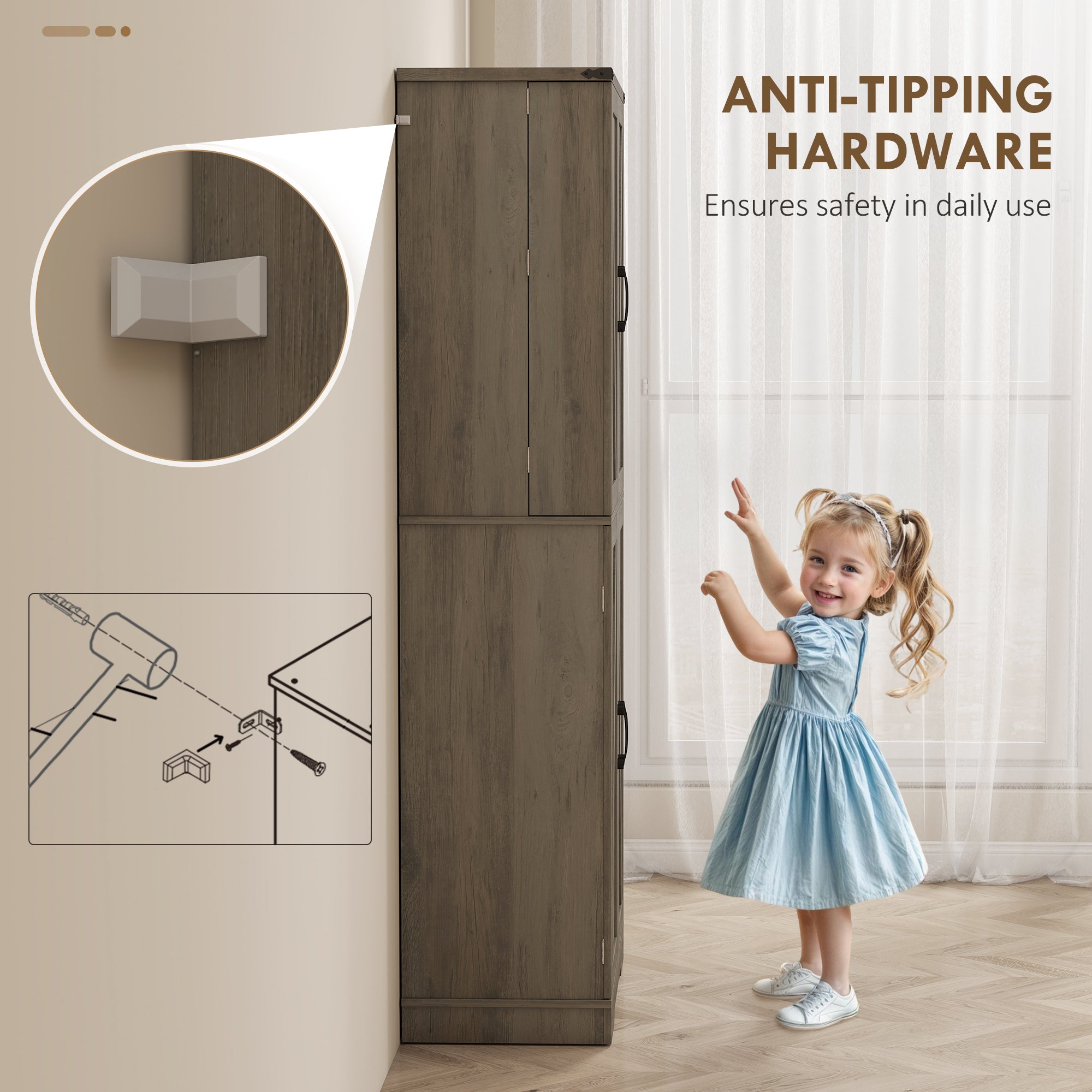 72" Kitchen Pantry Cabinet, Farmhouse Freestanding Tall Kitchen Storage Cabinet with 4 Barn Doors, Hidden Drawer, 8 Door Shelves and Adjustable Shelf, Light Ivory Grey