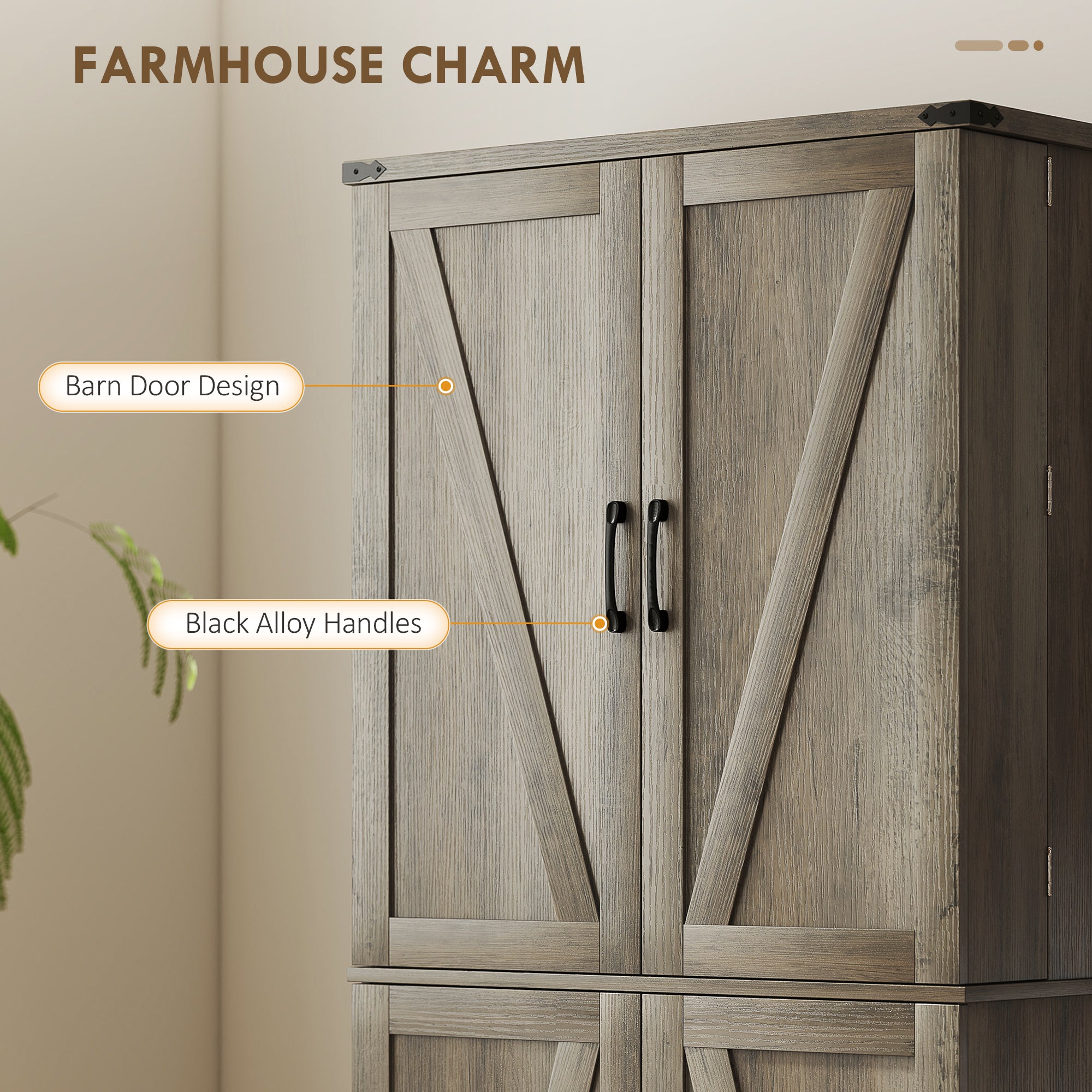 72" Kitchen Pantry Cabinet, Farmhouse Freestanding Tall Kitchen Storage Cabinet with 4 Barn Doors, Hidden Drawer, 8 Door Shelves and Adjustable Shelf, Light Ivory Grey