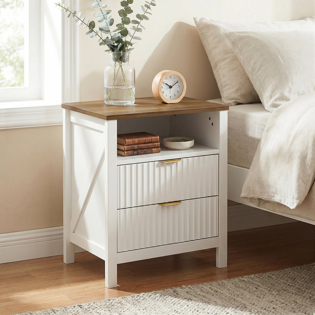 Modern Nightstand with 2 Fluted Drawers, Bedside Table with Open Storage Shelf, Anti-tipping Design, Side End Table for Bedroom Living Room Study, White and Walnut