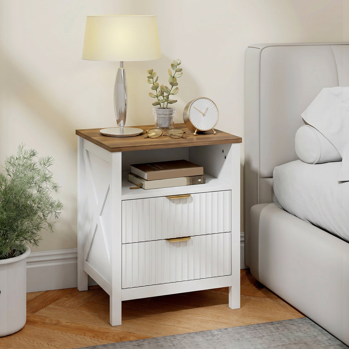 Modern Nightstand with 2 Fluted Drawers, Bedside Table with Open Storage Shelf, Anti-tipping Design, Side End Table for Bedroom Living Room Study, White and Walnut
