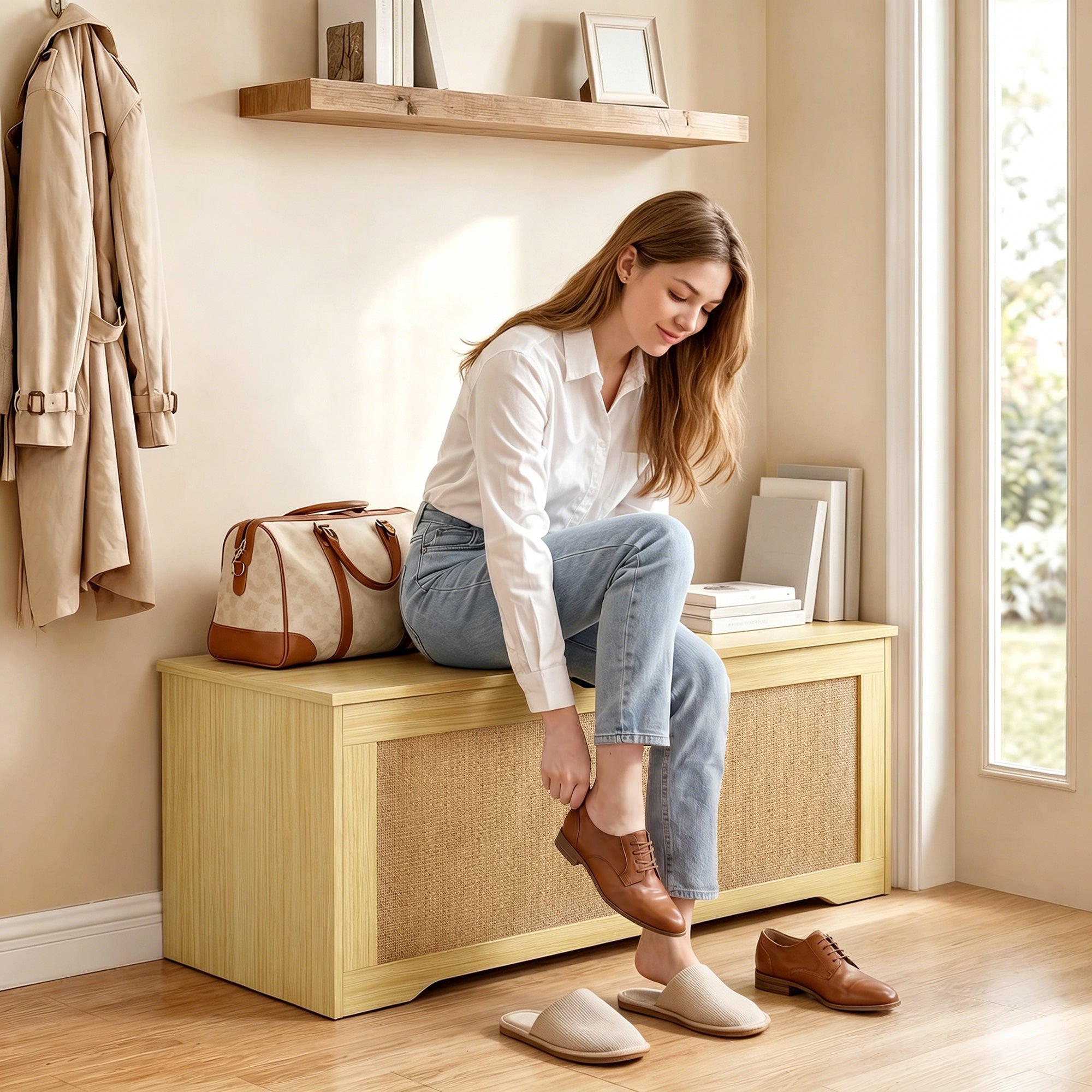 Rattan Storage Chest, Lift Top Storage Trunk with Safety Hinges and Handle-Free Design, Storage Bench for Living Room, Shoe Bench for Entryway, 39.4" x 15.7" x 17.7", Oak