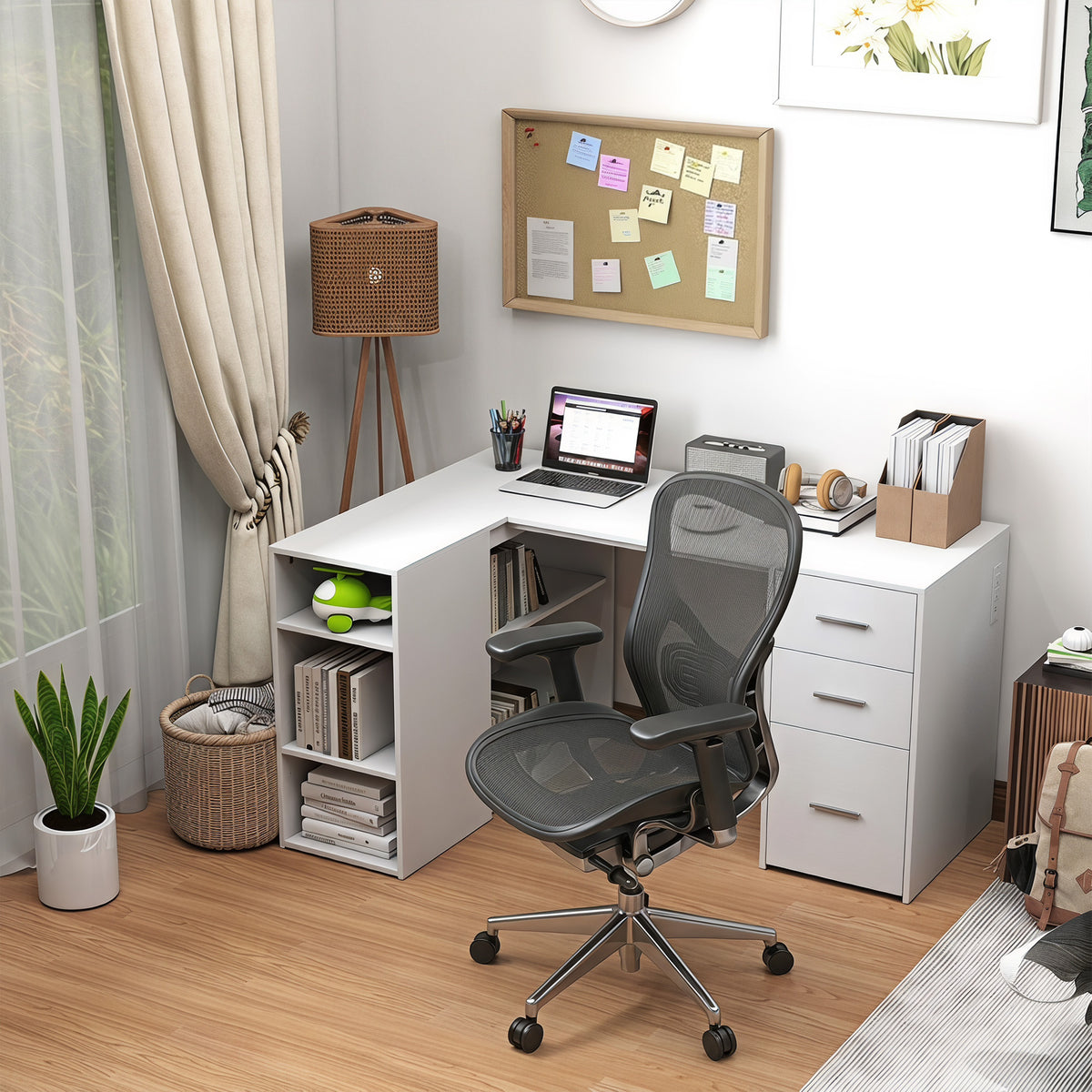 L Shaped Desk, 55" Corner Computer Desk with Power Outlets, File Drawer, 2 Drawers, Home Office Writing Table Workstation with Adjustable Storage Shelves for Study, White