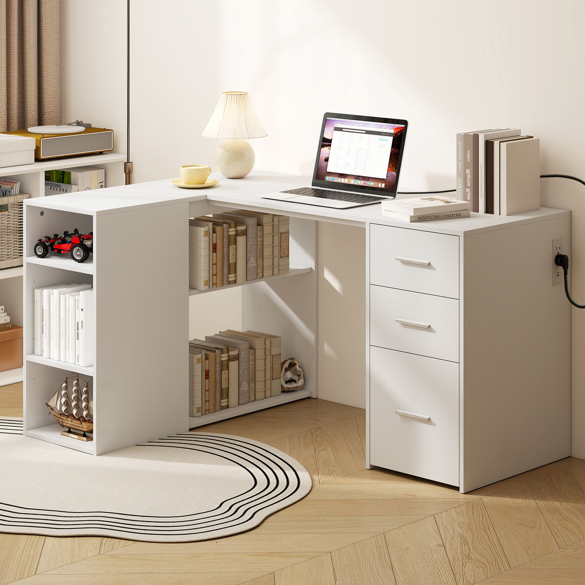 L Shaped Desk, 55" Corner Computer Desk with Power Outlets, File Drawer, 2 Drawers, Home Office Writing Table Workstation with Adjustable Storage Shelves for Study, White