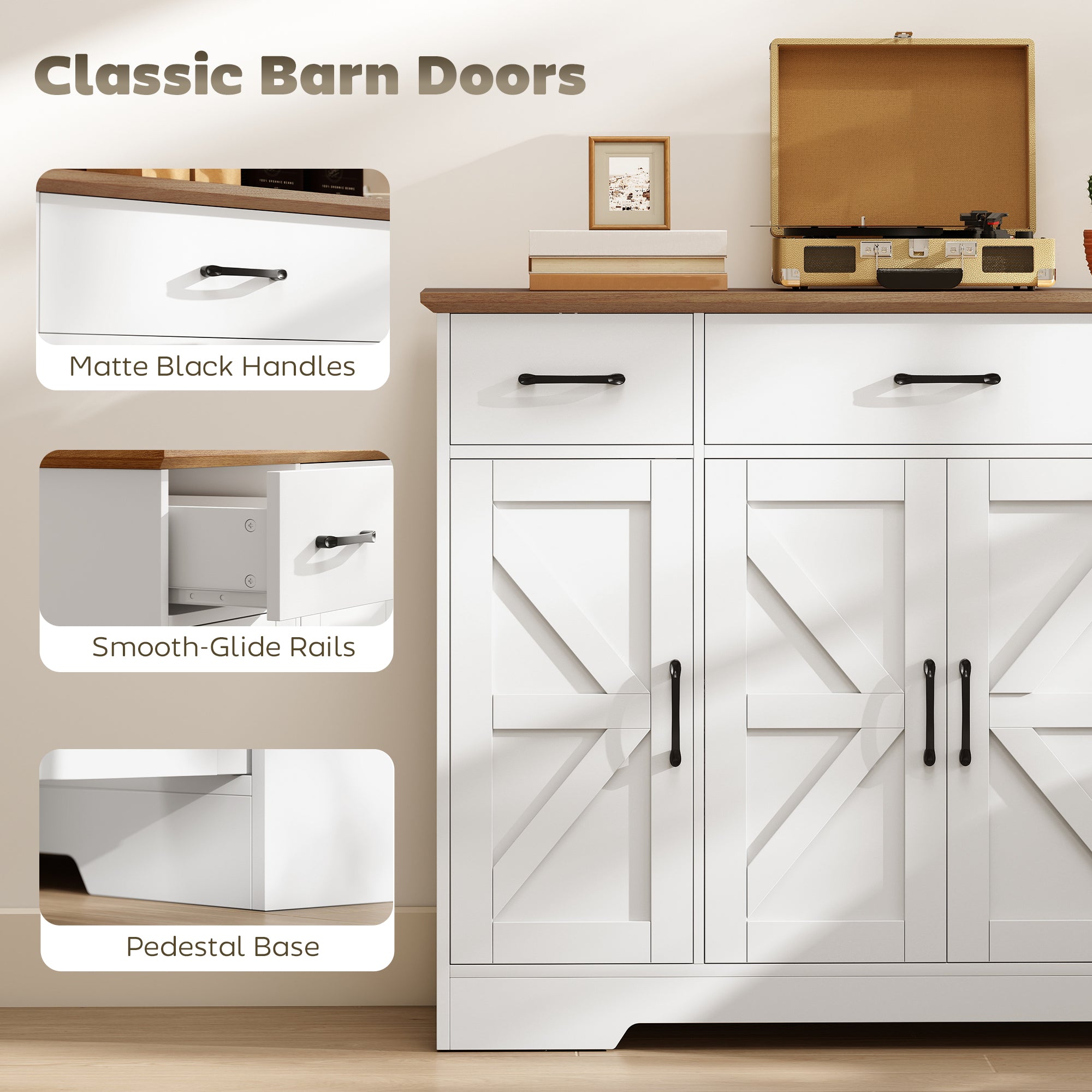 47" Sideboard Buffet Cabinet, Farmhouse Credenza with Soft-Close Hinges, Coffee Bar Cabinet with Spice Racks, 3 Drawers and 3 Adjustable Shelves, White
