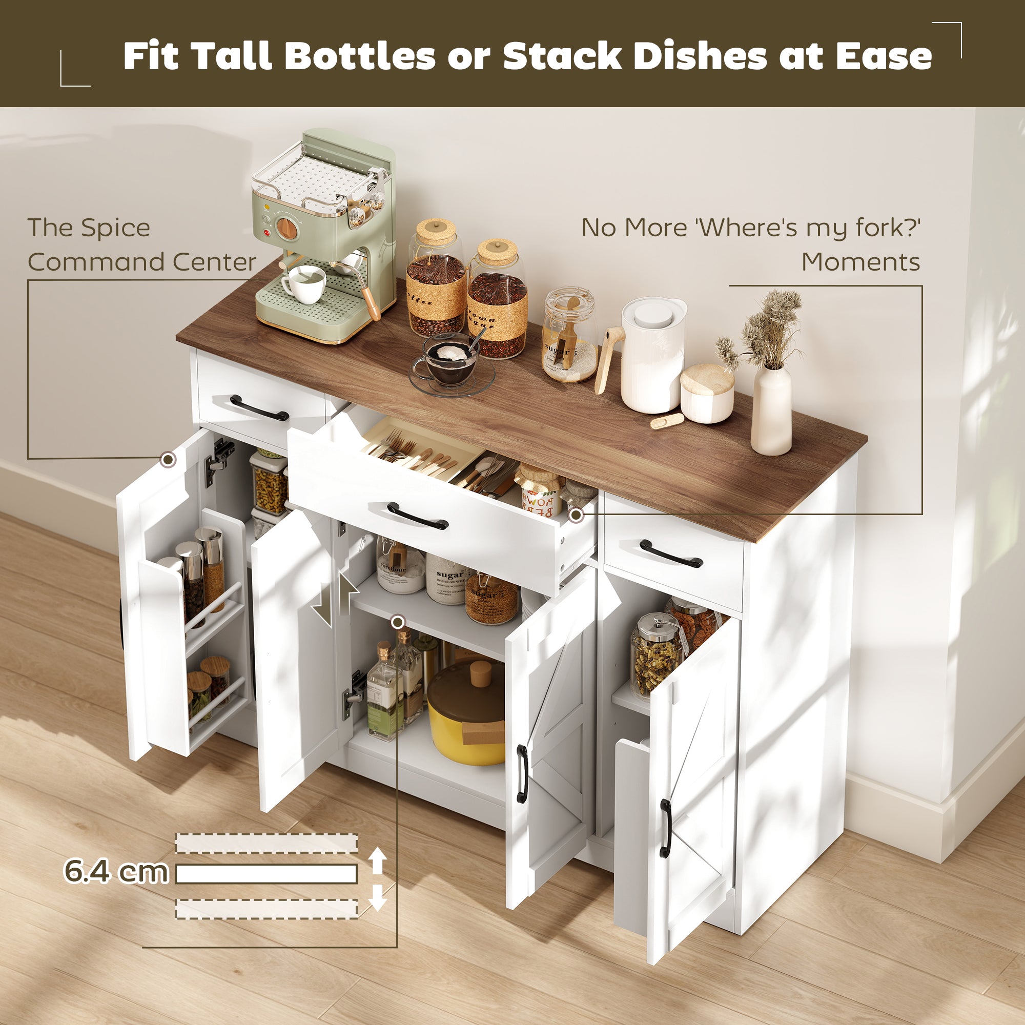 47" Sideboard Buffet Cabinet, Farmhouse Credenza with Soft-Close Hinges, Coffee Bar Cabinet with Spice Racks, 3 Drawers and 3 Adjustable Shelves, White