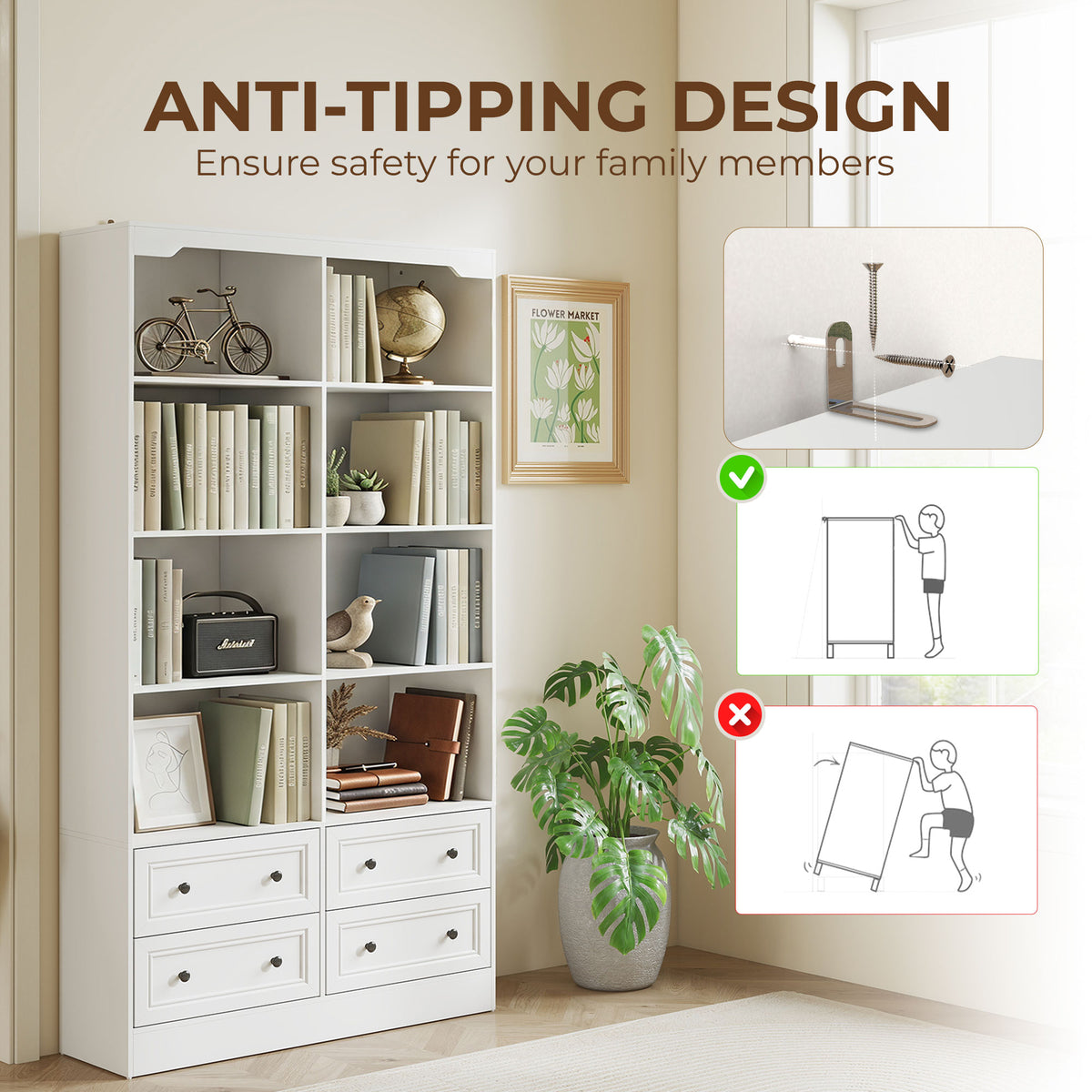 Bookshelf with 8 Cubbies and 4 Drawers, 5-Tier Double Wide Bookcase, Tall Bookcase with Storage, Standing Book Cabinet for Home Office, White