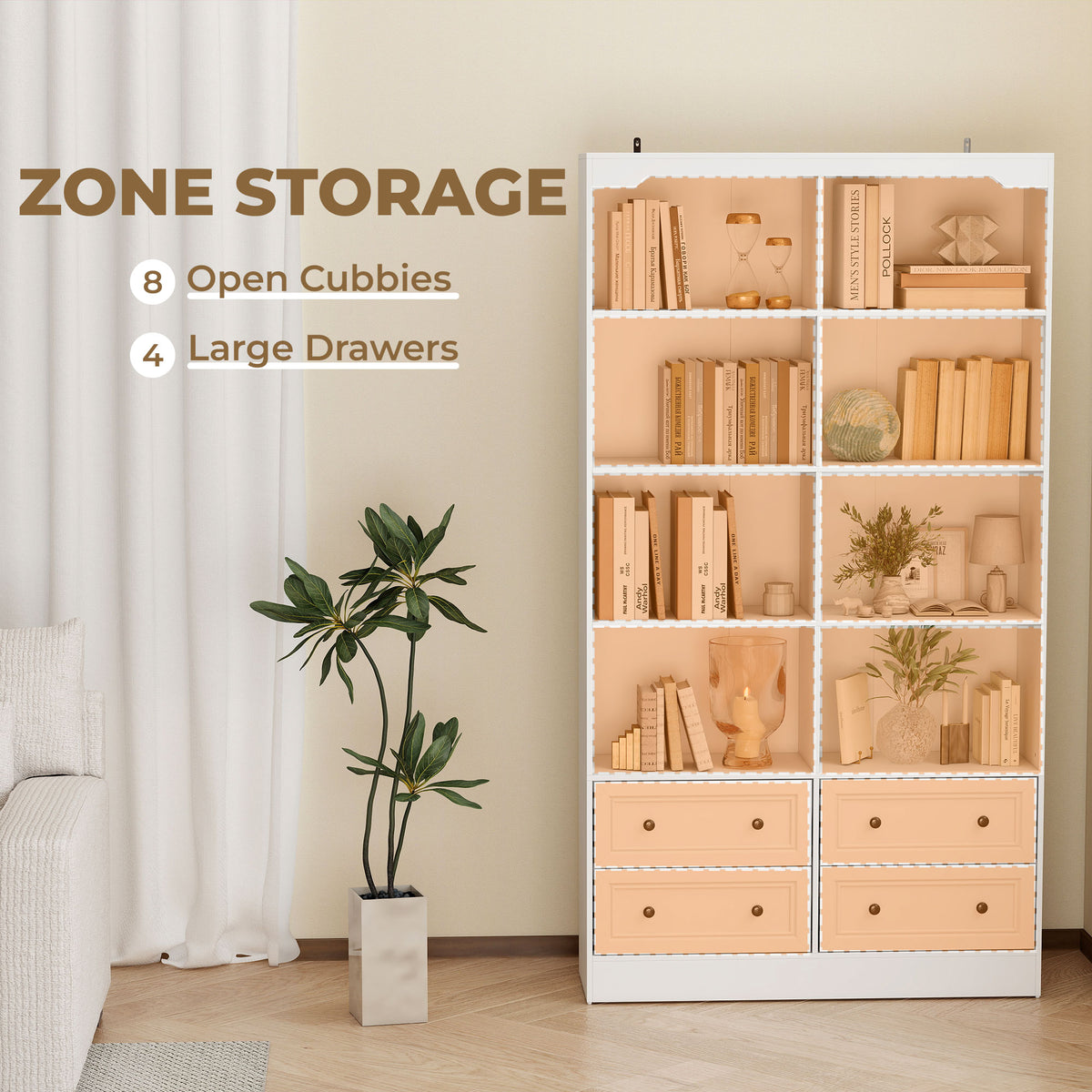 Bookshelf with 8 Cubbies and 4 Drawers, 5-Tier Double Wide Bookcase, Tall Bookcase with Storage, Standing Book Cabinet for Home Office, White