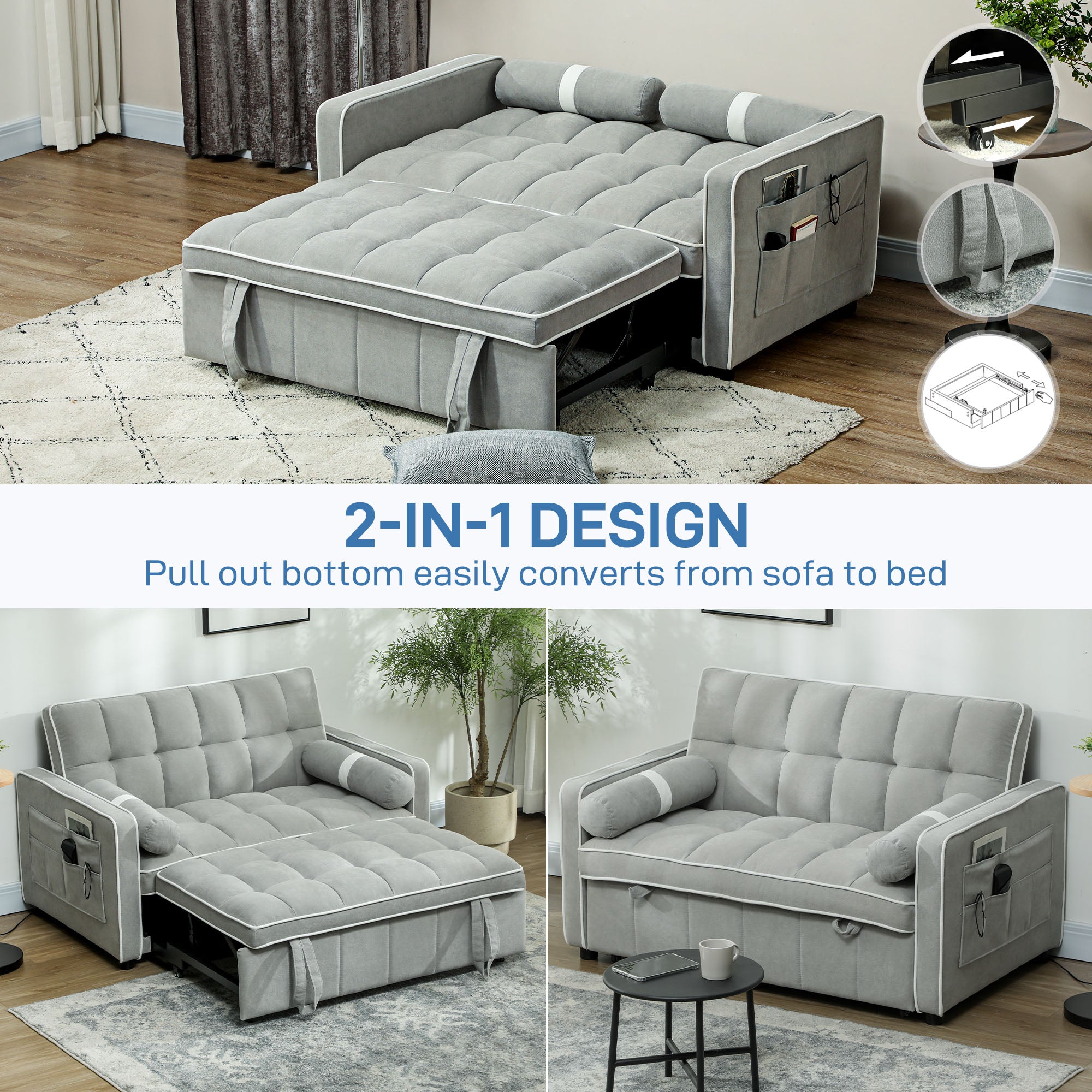 HOMCOM 3-In-1 Convertible 2 Seater Sofa Bed, Click Clack Pull Out Sofa Bed with Adjustable Backrest and Pillows, Modern Tufted Bed Settee for Living Room, Bedroom, Guest Room, Light Grey