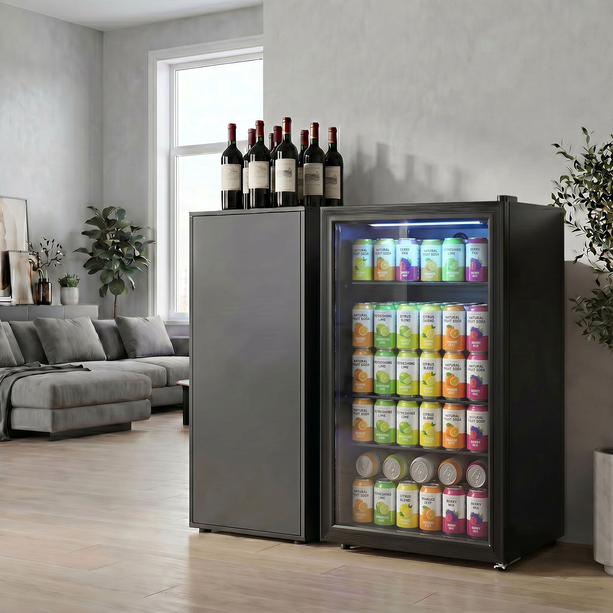 Beverage Refrigerator, 128 Can Mini Fridge with Glass Door for Soda Beer, 3.2 Cu.Ft Freestanding Drink Fridge with Auto-Defrost and LED Light for Home Office Bar, Black