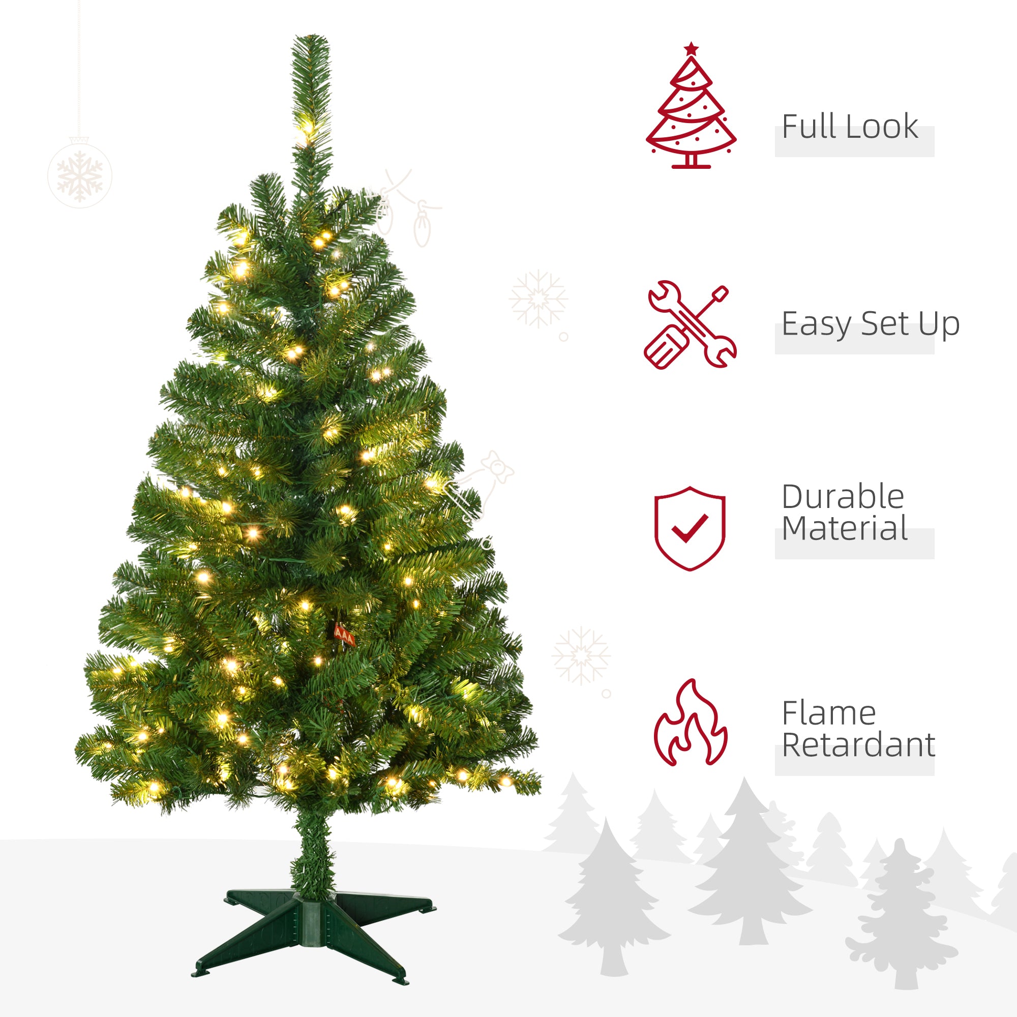 4' Artificial Prelit Christmas Trees with Warm White or Colorful LED Lights, Auto Open