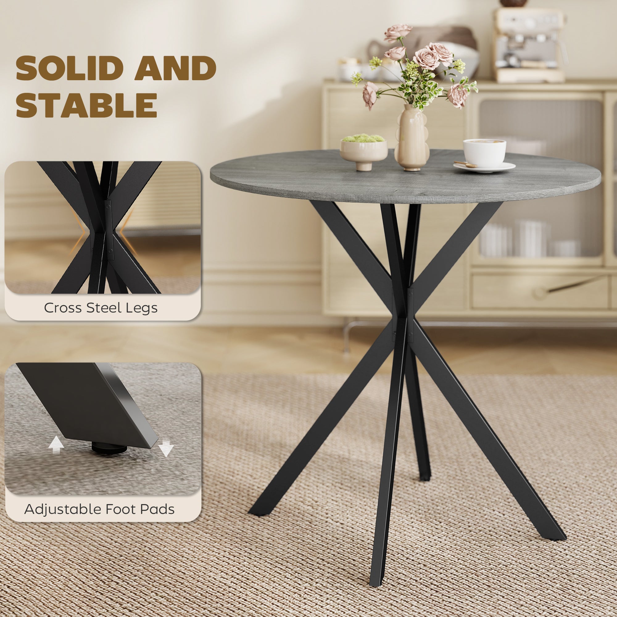 31.5" Round Dining Table, Industrial Kitchen Table with Cross Steel Legs for Dining Room, Kitchen, Living Room, Distressed Grey