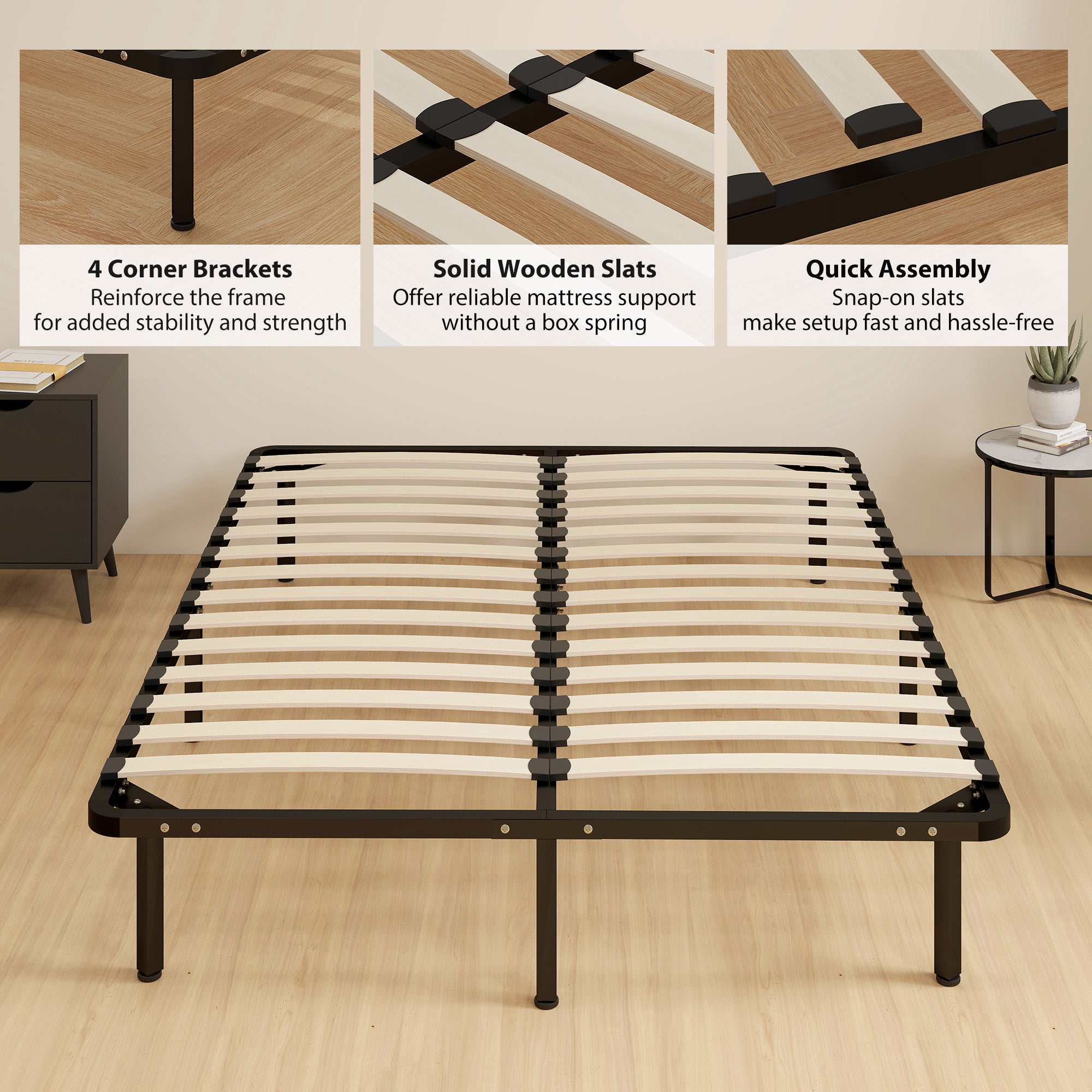 4ft6 Double Bed Frame, Metal Platform Bed Frame with 2 x 14 Wood Slats, No Box Spring Needed, Underbed Storage, Easy to Assemble, Black
