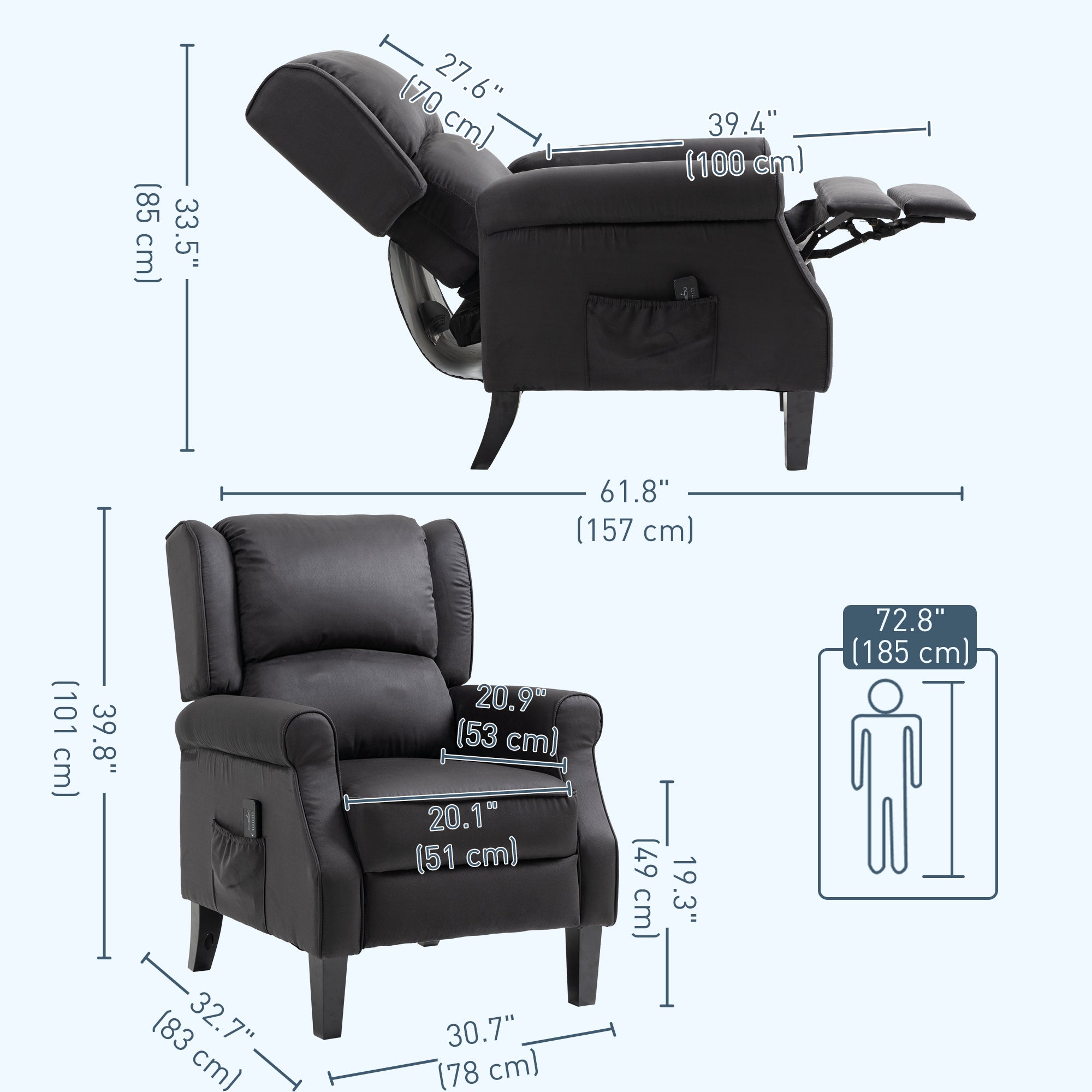 HOMCOM Massage Recliner Chair for Living Room, Push Back Recliner Sofa, Wingback Reclining Chair with Extendable Footrest, Remote Control, Side Pockets, Black