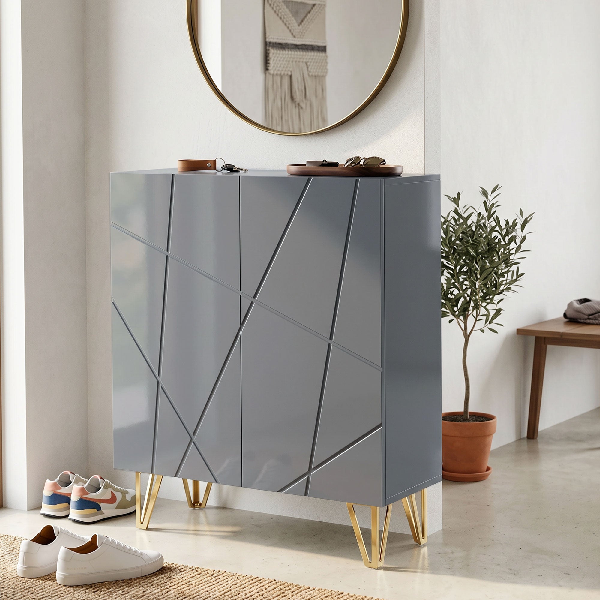 Narrow Shoe Cabinet, Slim Shoe Storage Cabinet with Soft-Close Hinges and Adjustable Shelves for 15-20 Pairs of Shoes, Grey