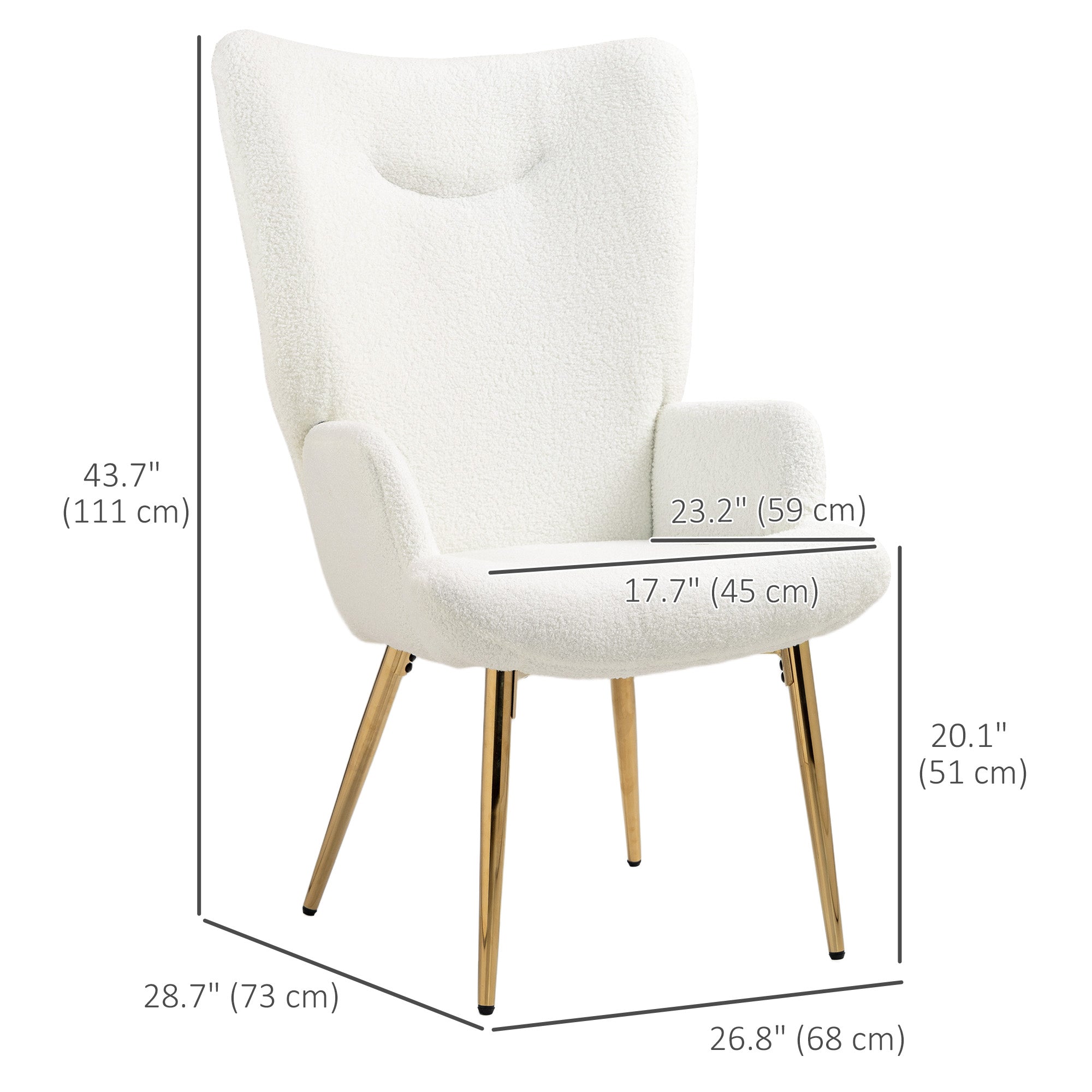 HOMCOM Sherpa Boucle Accent Chair, Upholstered Wingback Armchair with Metal Legs, Modern Fabric Reading Chair for Living Room, Bedroom, White