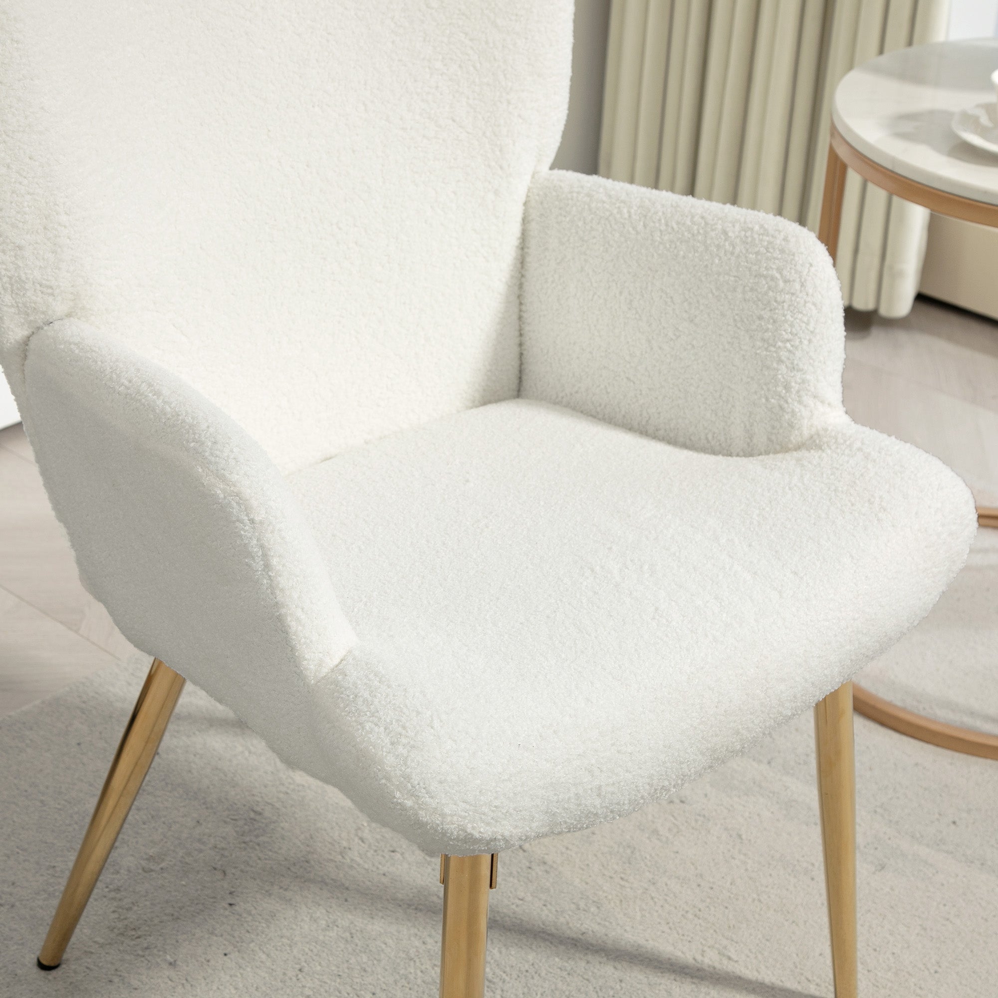 HOMCOM Sherpa Boucle Accent Chair, Upholstered Wingback Armchair with Metal Legs, Modern Fabric Reading Chair for Living Room, Bedroom, White