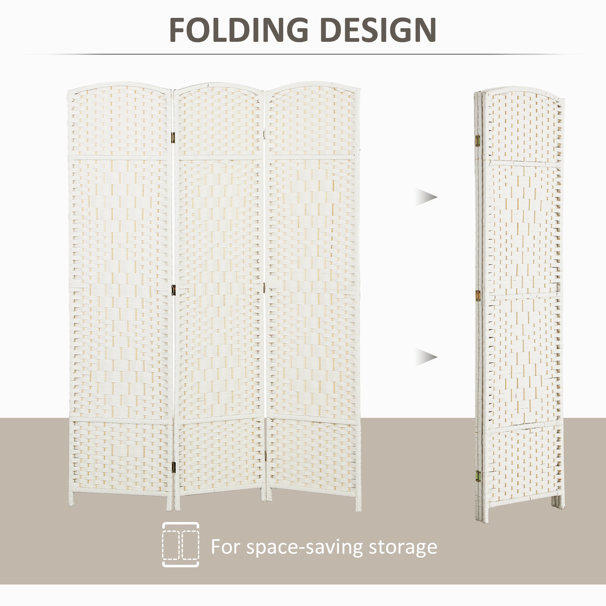 Folding Room Divider Screen 3 Panel 6' Tall Privacy Screen Freestanding Wood Partition White