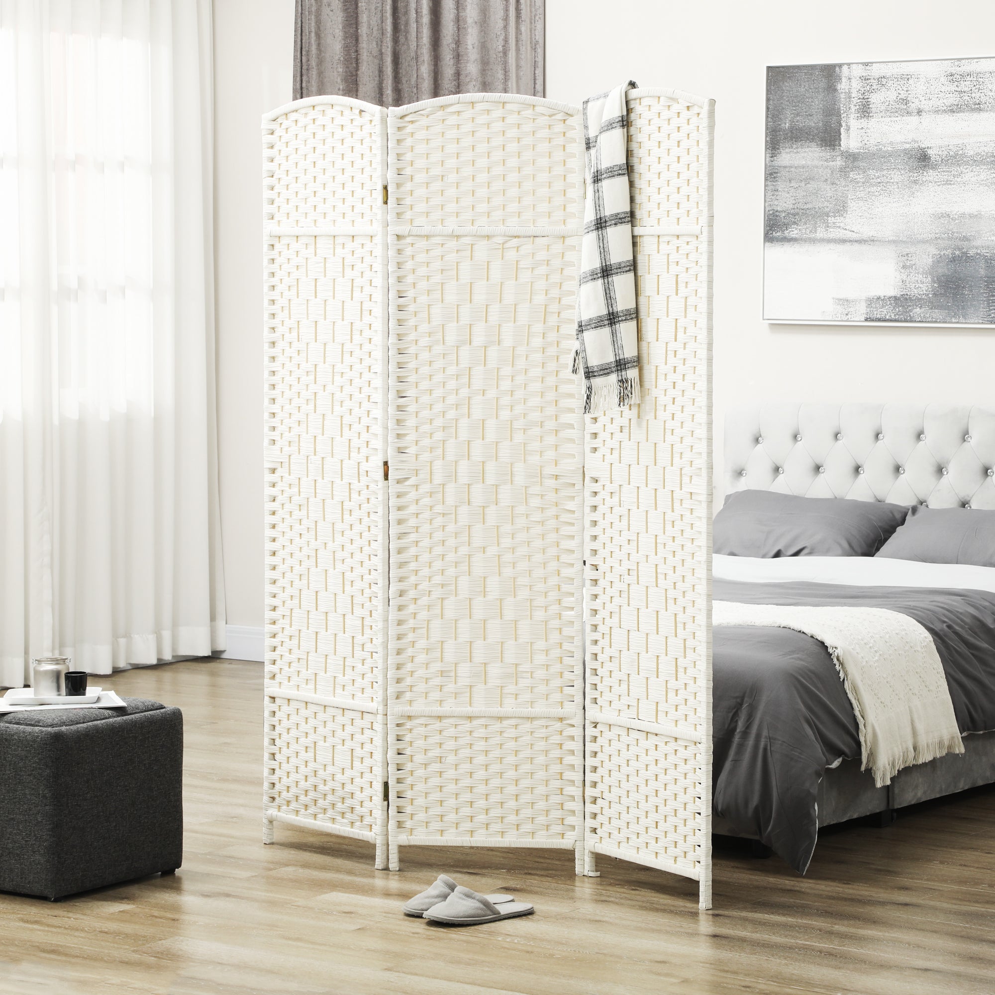 Folding Room Divider Screen 3 Panel 6' Tall Privacy Screen Freestanding Wood Partition White