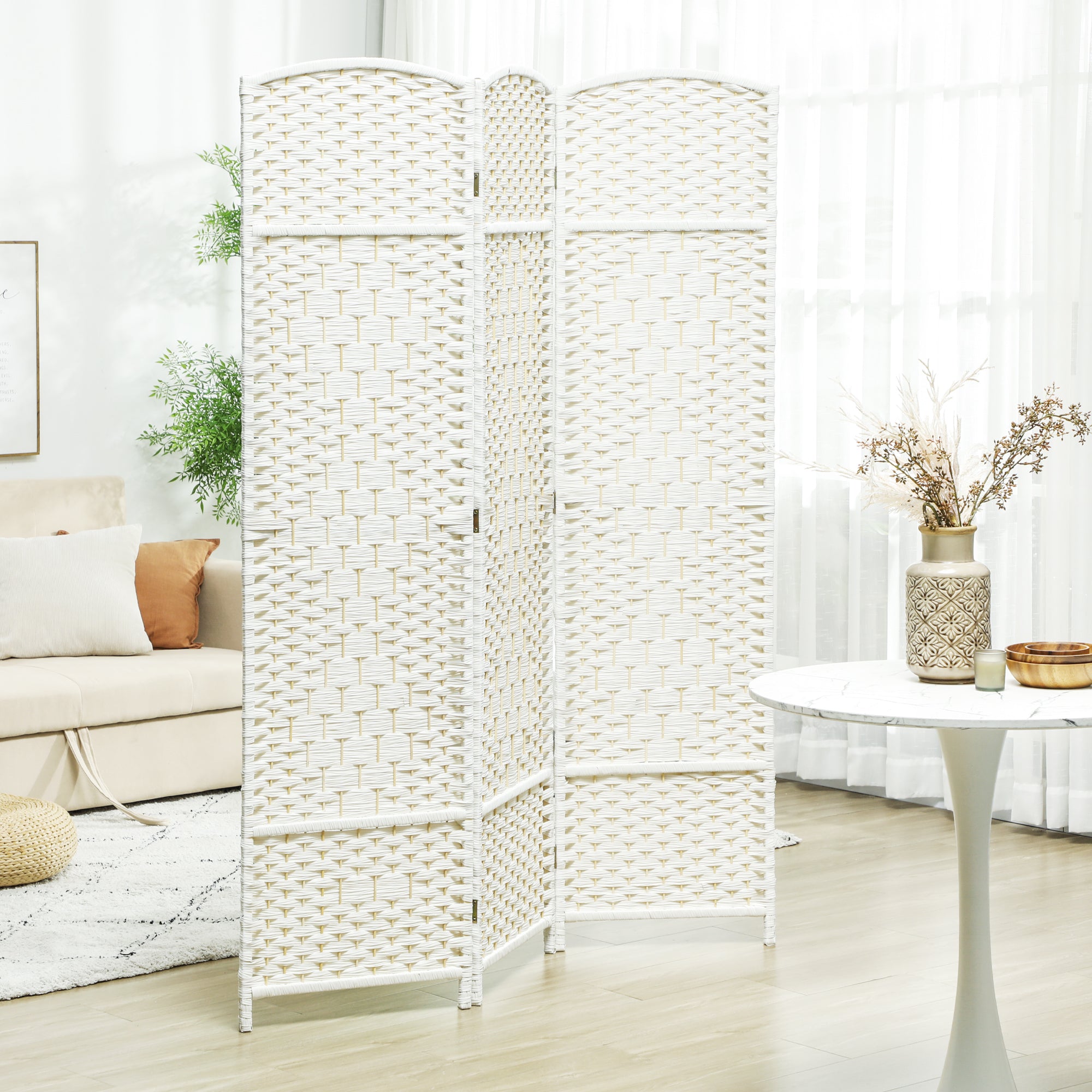 Folding Room Divider Screen 3 Panel 6' Tall Privacy Screen Freestanding Wood Partition White