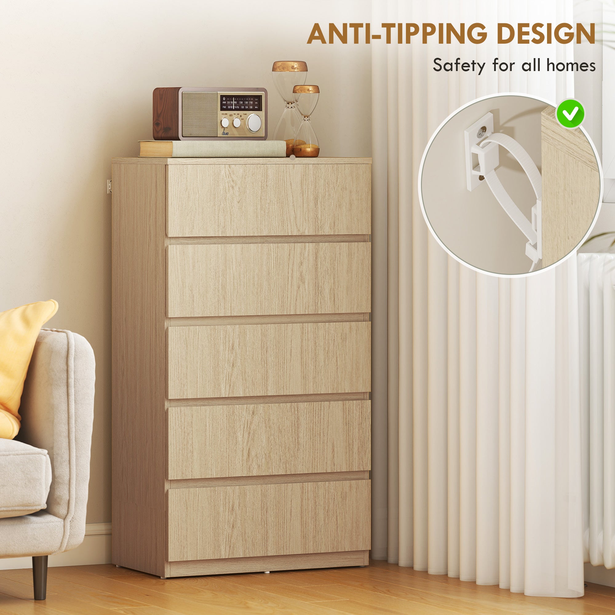 Chest of Drawers, 5 Drawers Storage Cabinet Floor Tower Cupboard for Bedroom Living Room, Natural Wood