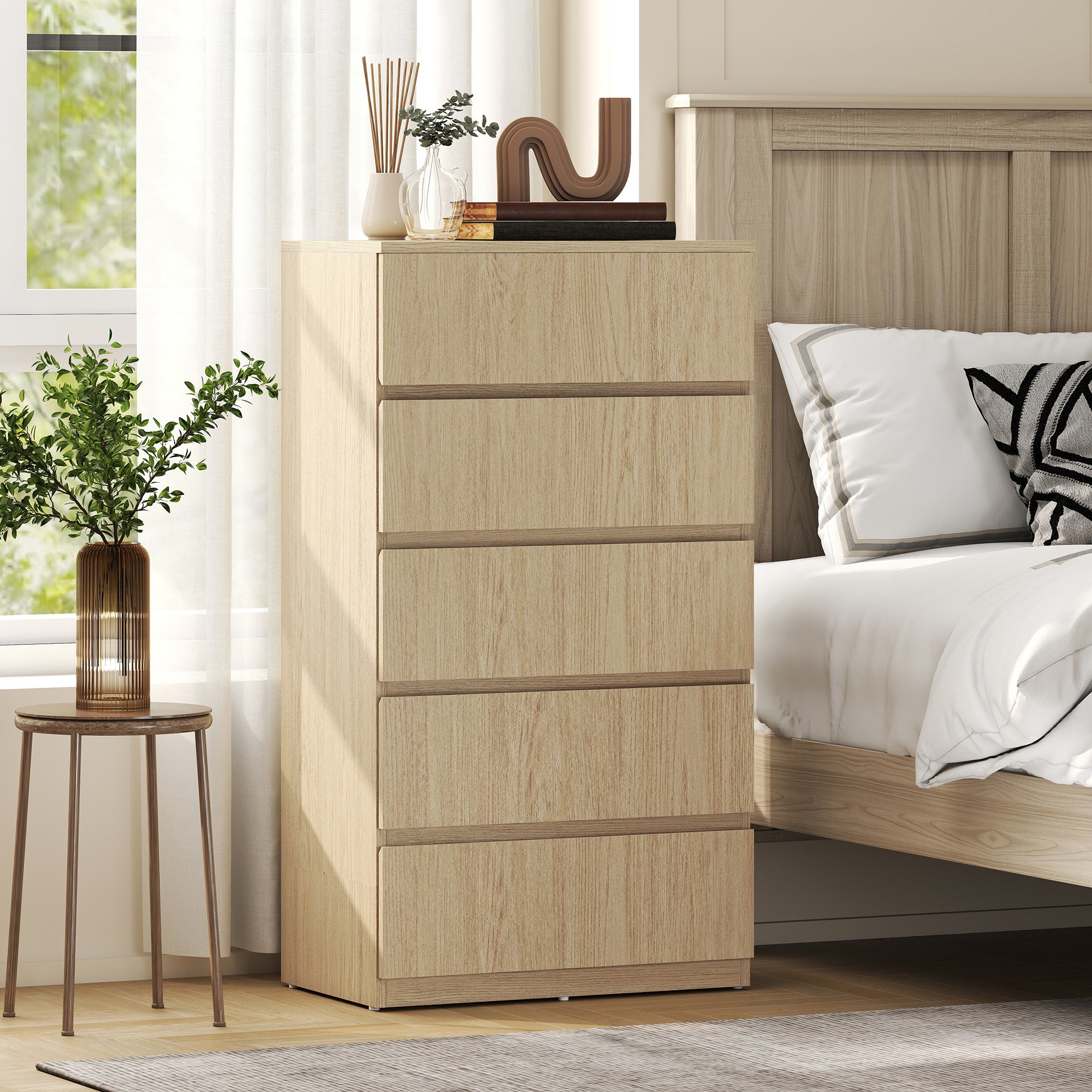 Chest of Drawers, 5 Drawers Storage Cabinet Floor Tower Cupboard for Bedroom Living Room, Natural Wood