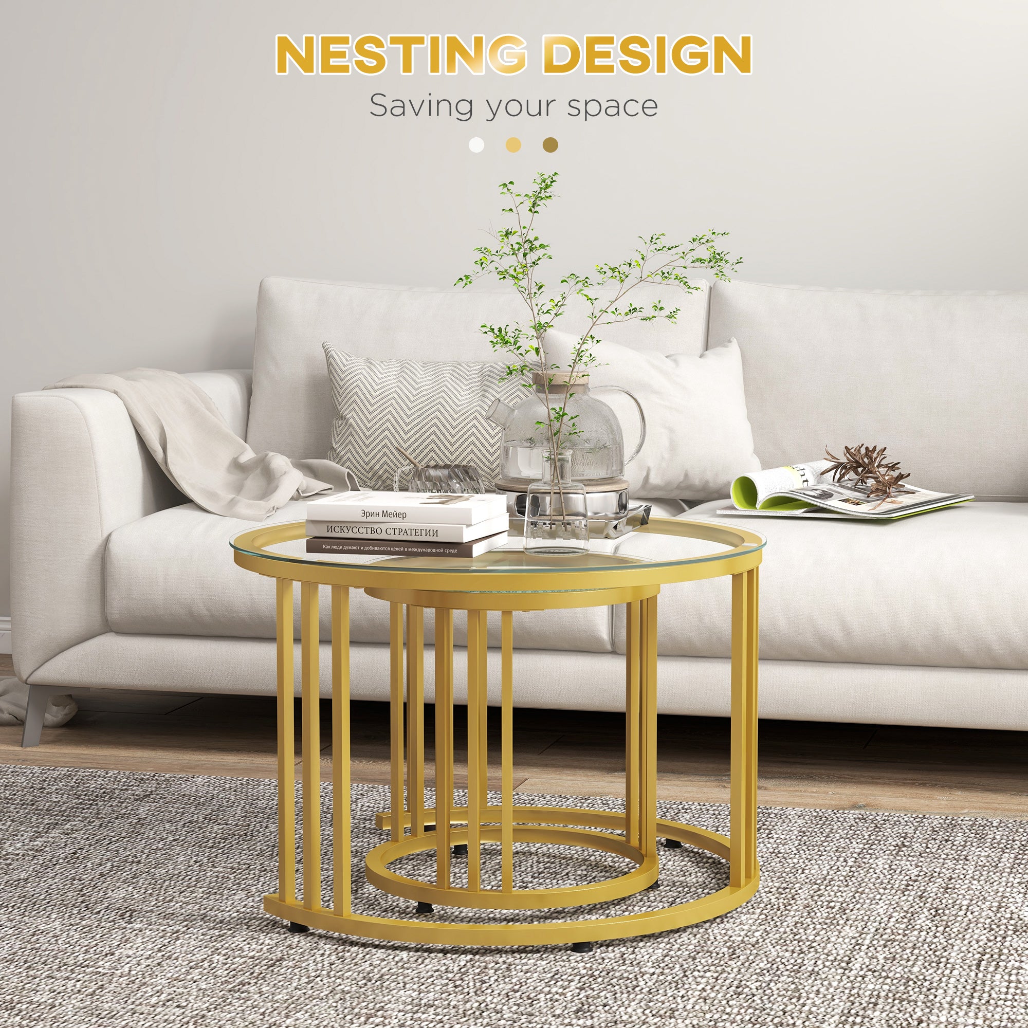 HOMCOM Nest of Tables, Round Coffee Tables Set of 2 with Tempered Glass Top and Steel Frame for Living Room, Gold Tone