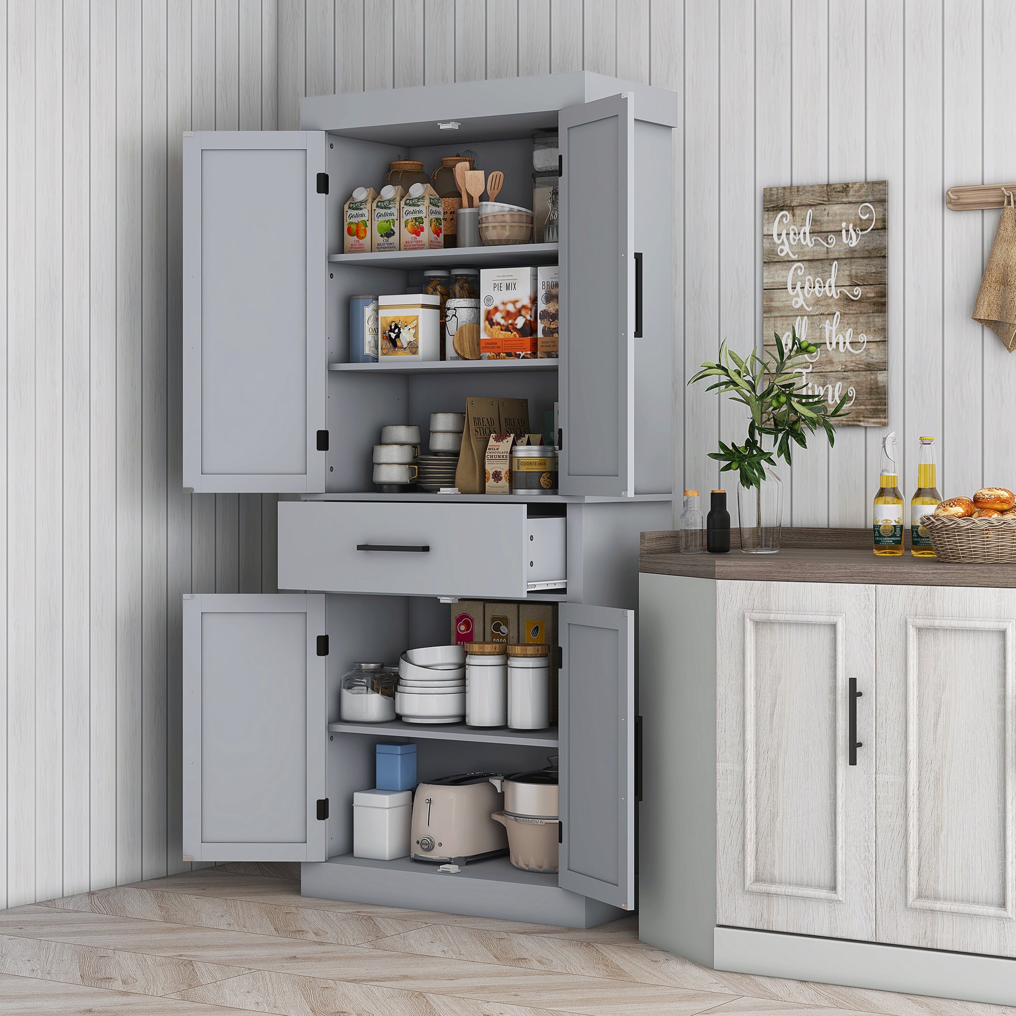 HOMCOM 72" Tall Kitchen Pantry Cabinet, Farmhouse Freestanding Storage Cabinet with Doors and Shelves, Kitchen Cabinet with Drawer and Adjustable Shelves, Grey