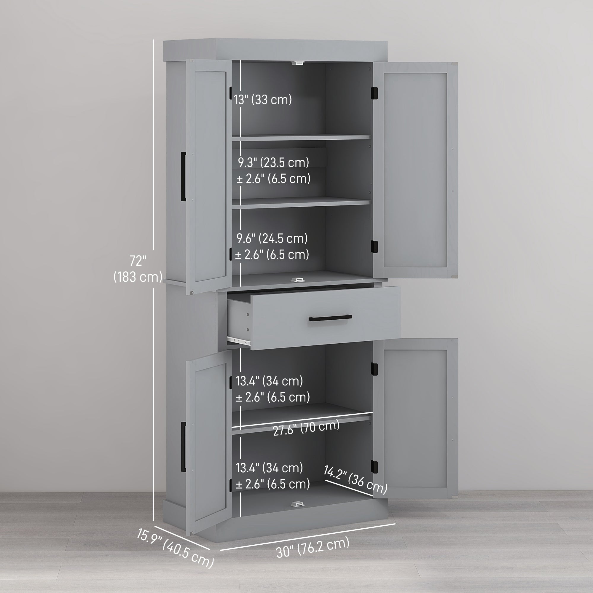 HOMCOM 72" Tall Kitchen Pantry Cabinet, Farmhouse Freestanding Storage Cabinet with Doors and Shelves, Kitchen Cabinet with Drawer and Adjustable Shelves, Grey