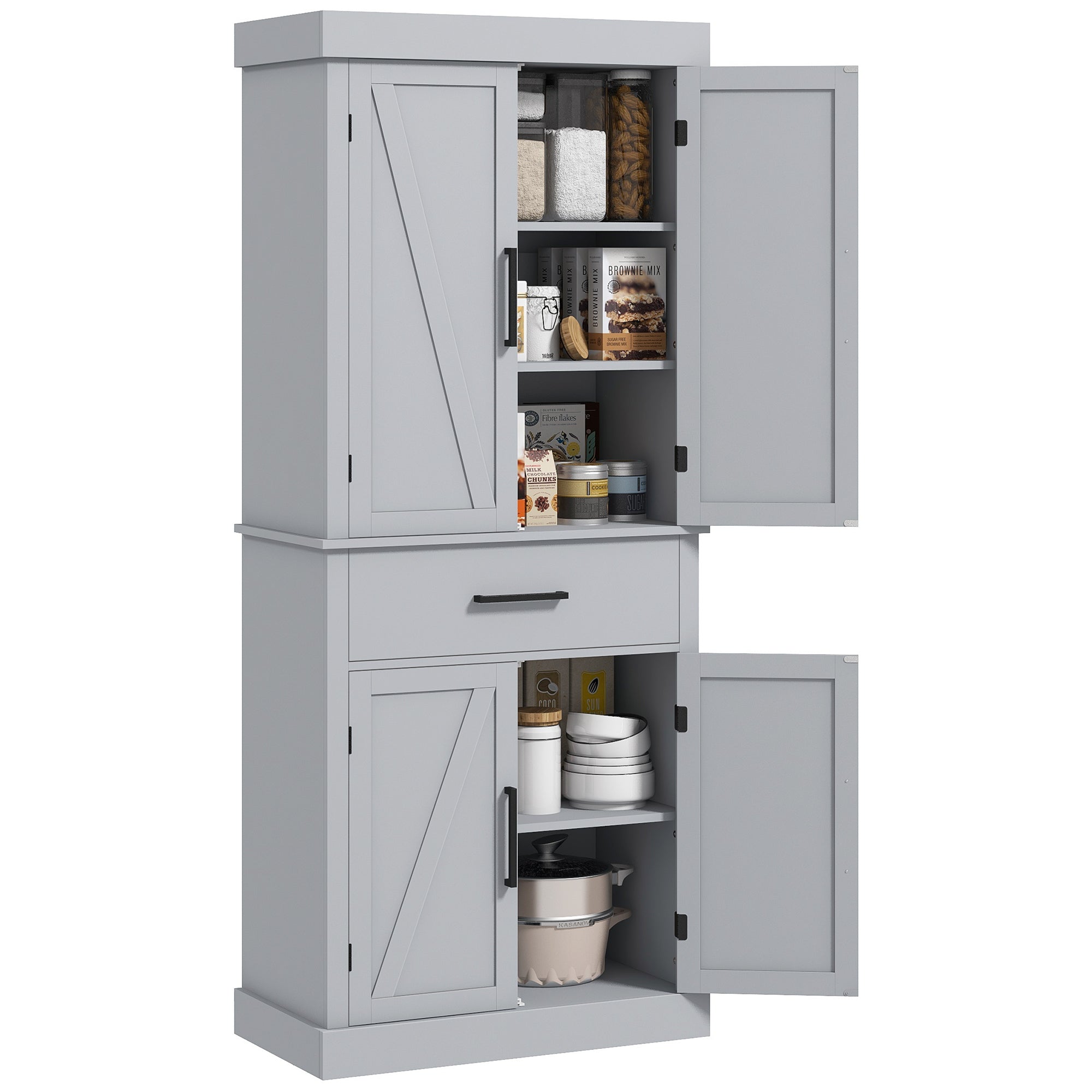 HOMCOM 72" Tall Kitchen Pantry Cabinet, Farmhouse Freestanding Storage Cabinet with Doors and Shelves, Kitchen Cabinet with Drawer and Adjustable Shelves, Grey