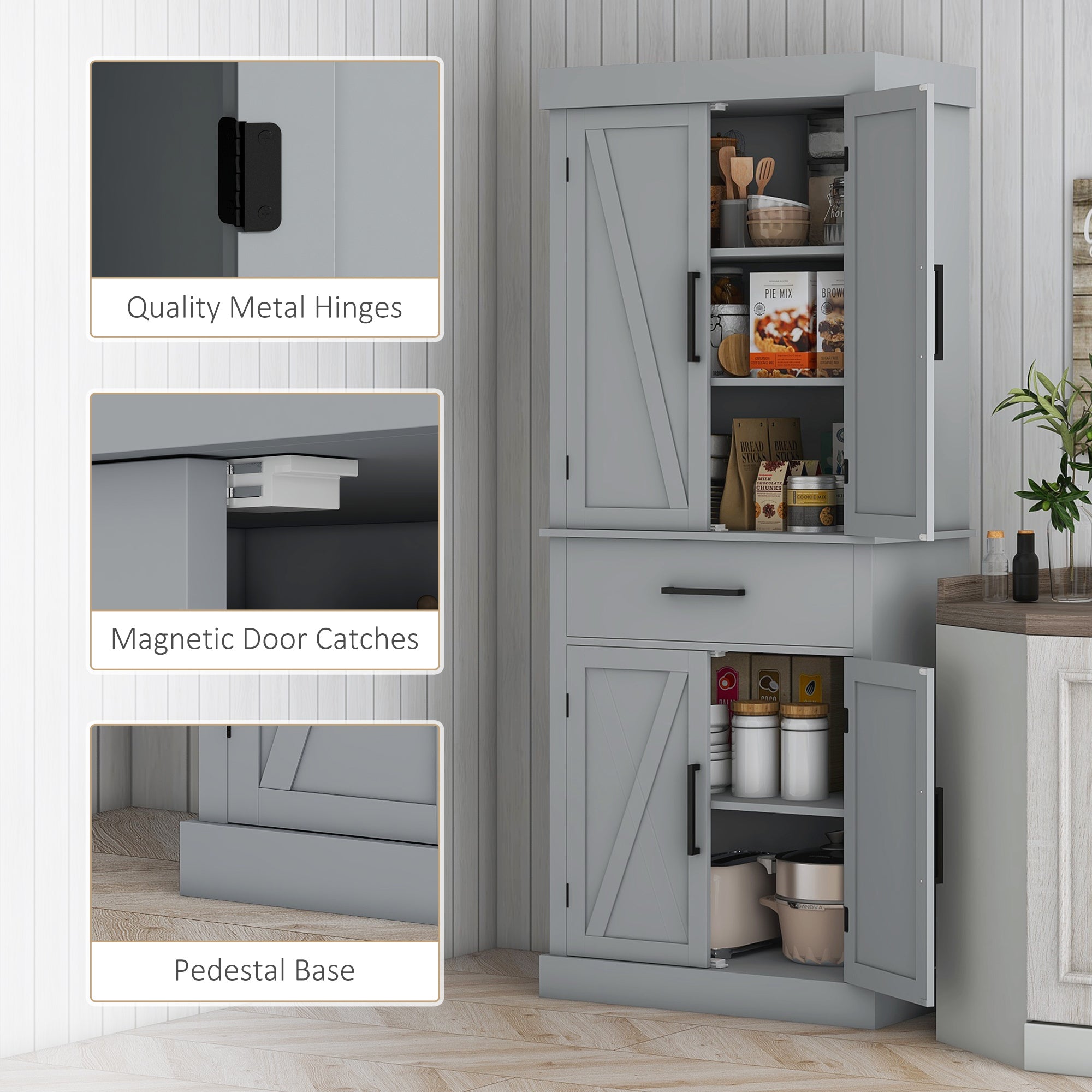 HOMCOM 72" Tall Kitchen Pantry Cabinet, Farmhouse Freestanding Storage Cabinet with Doors and Shelves, Kitchen Cabinet with Drawer and Adjustable Shelves, Grey