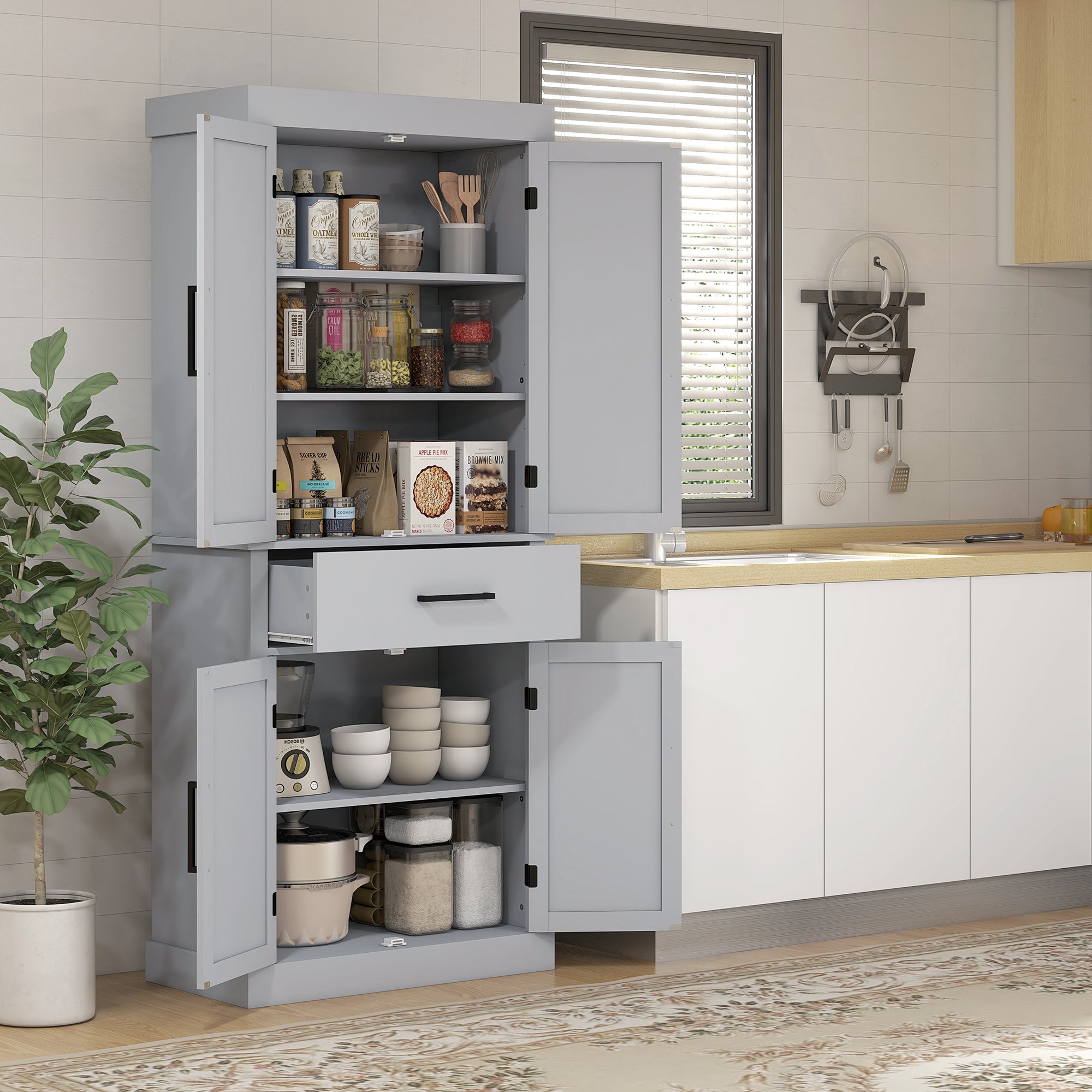 HOMCOM 72" Tall Kitchen Pantry Cabinet, Farmhouse Freestanding Storage Cabinet with Doors and Shelves, Kitchen Cabinet with Drawer and Adjustable Shelves, Grey