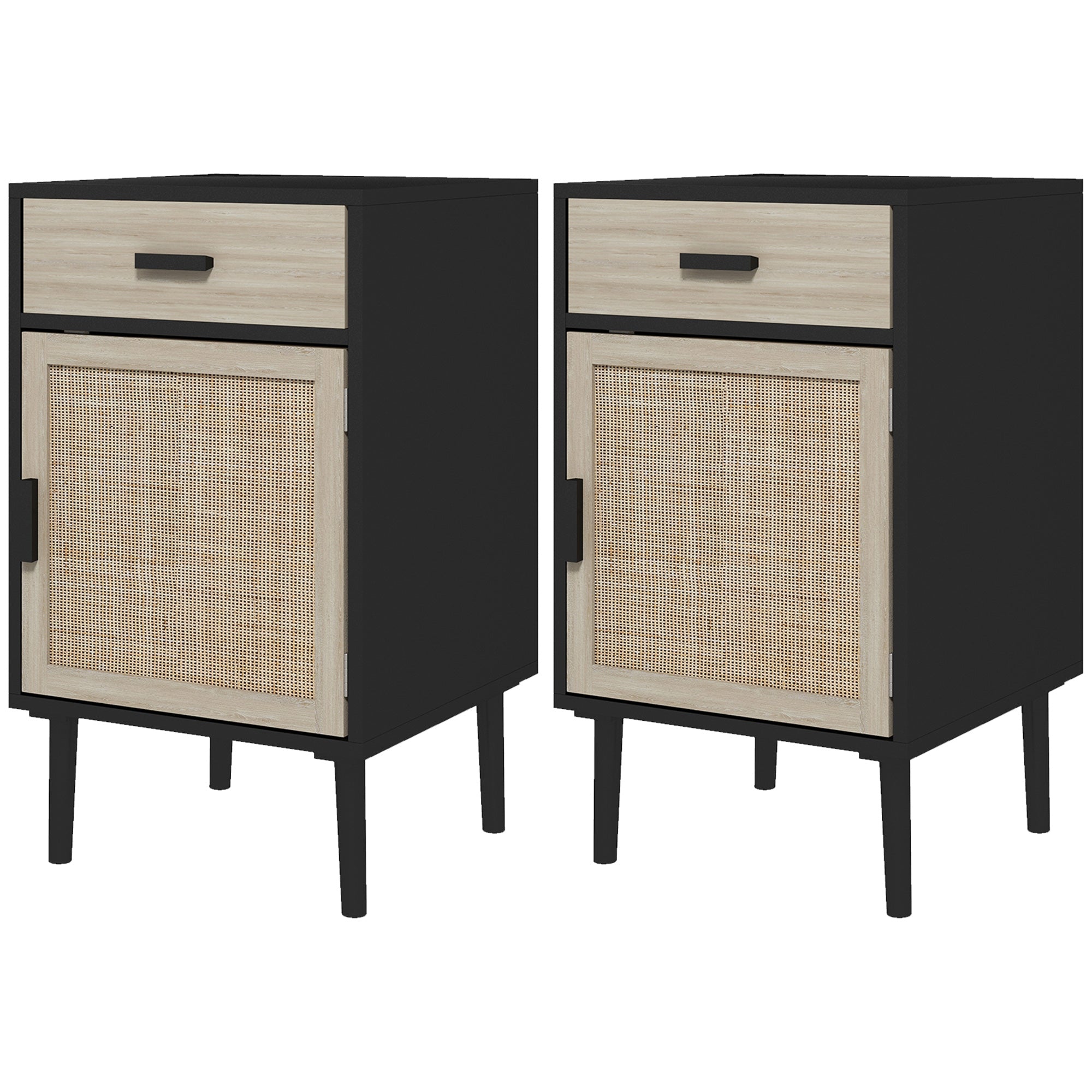 HOMCOM Tall Nightstands Set of 2, Boho Bedside Tables with Drawer, Cabinet, Adjustable Shelf, Rattan End Tables with Storage for Bedroom, Black