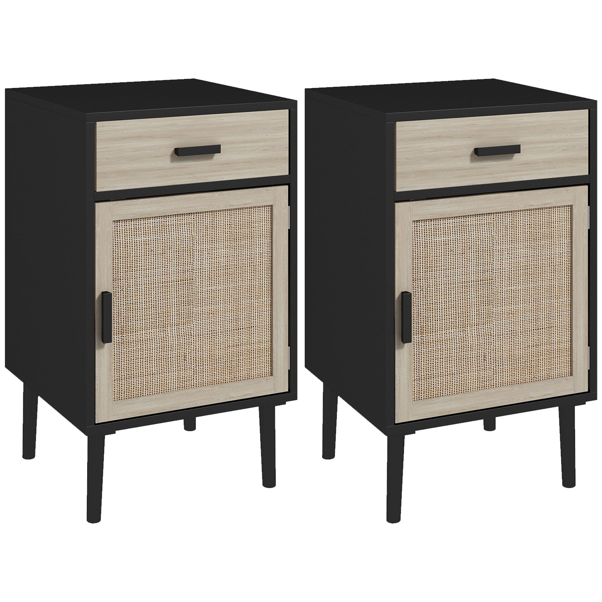 HOMCOM Tall Nightstands Set of 2, Boho Bedside Tables with Drawer, Cabinet, Adjustable Shelf, Rattan End Tables with Storage for Bedroom, Black