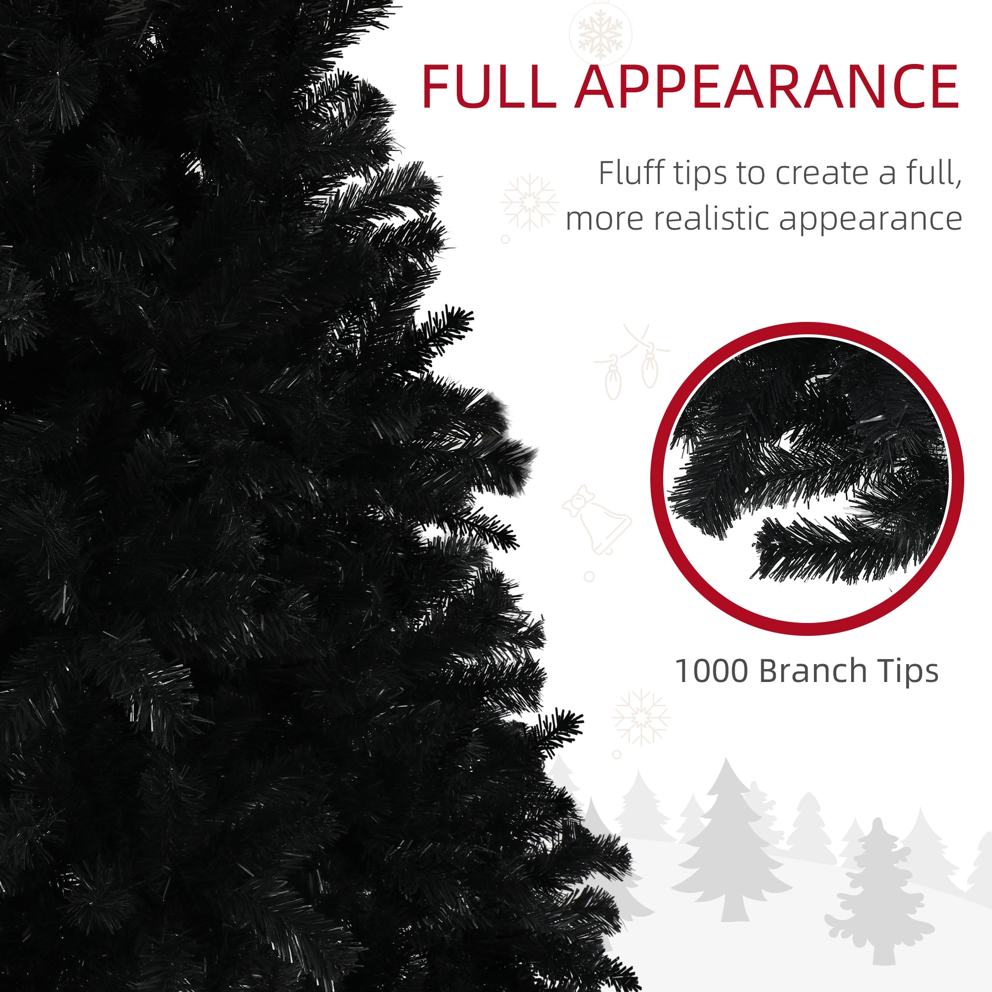 HOMCOM 6ft Unlit Artificial Christmas Tree, Xmas Tree with 1000 Branch Tips, Auto Open and Steel Base, Holiday Decoration for Home Office, Black